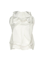 The No.10-1 by 132 5. ISSEY MIYAKE is a white, sleeveless, foldable garment with a sculptural, origami-inspired design featuring angular layers and a high neckline, crafted from recycled polyester and shown on a plain white background. - WHITE×SILVER （no.08）