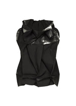 The No.10-1 by 132 5. ISSEY MIYAKE is a black, strapless recycled polyester top with angular draping, foil detailing on glossy surfaces, and a folded crinkled texture, shown against a plain white background. - BLACK×SILVER （no.91）