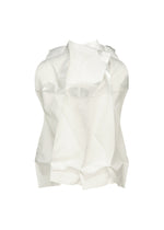 The No.10-1 top by 132 5. ISSEY MIYAKE is a white, sculptural piece made from recycled polyester, featuring angular, layered geometric shapes with a shiny and slightly translucent finish.