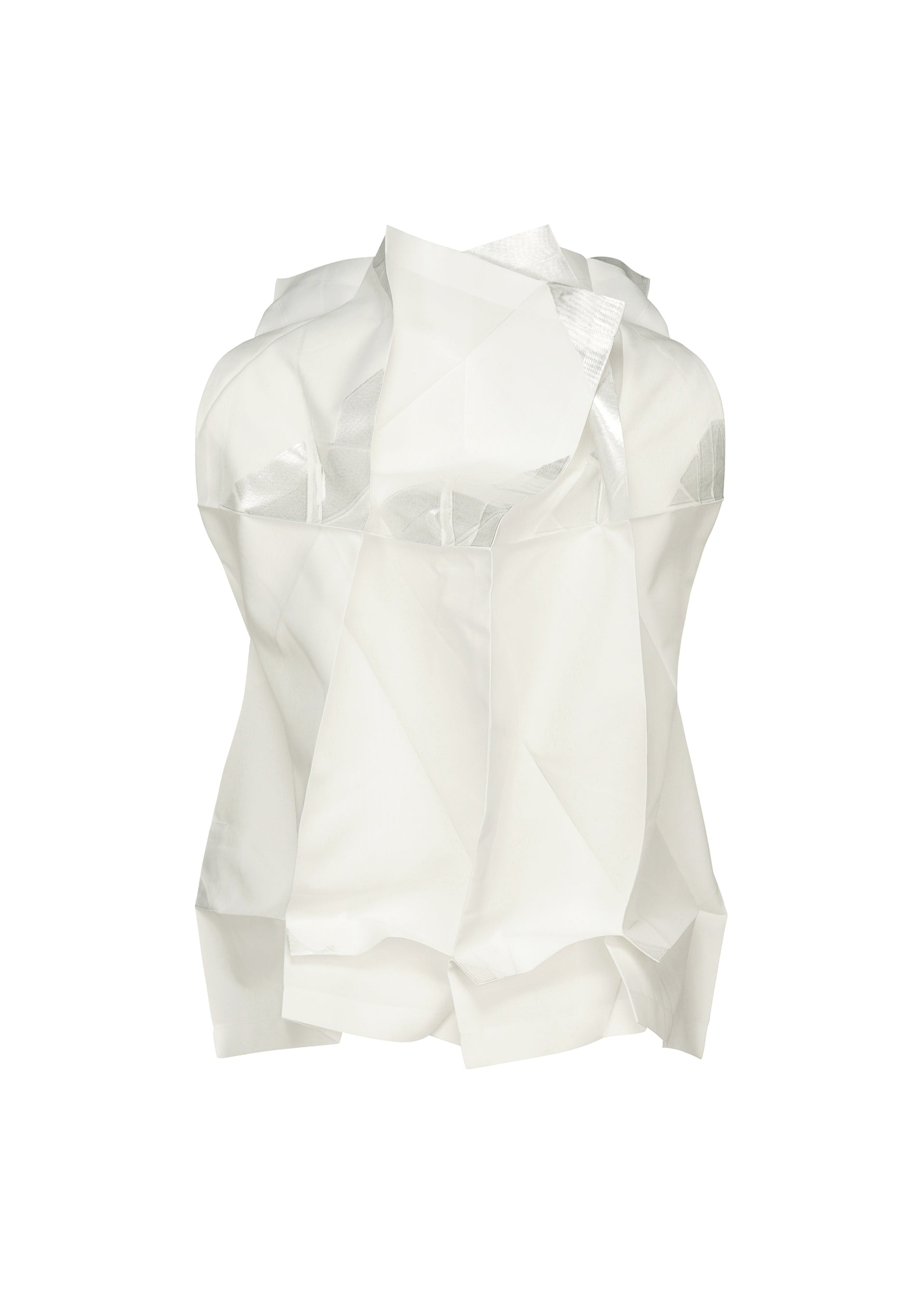 Zoomed view The No.10-1 top by 132 5. ISSEY MIYAKE is a white, sculptural piece made from recycled polyester, featuring angular, layered geometric shapes with a shiny and slightly translucent finish.