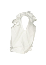 The No.10-1 top by 132 5. ISSEY MIYAKE, a sleeveless white recycled polyester piece with angular origami-inspired folds and a high structured collar, is displayed against a plain white background.