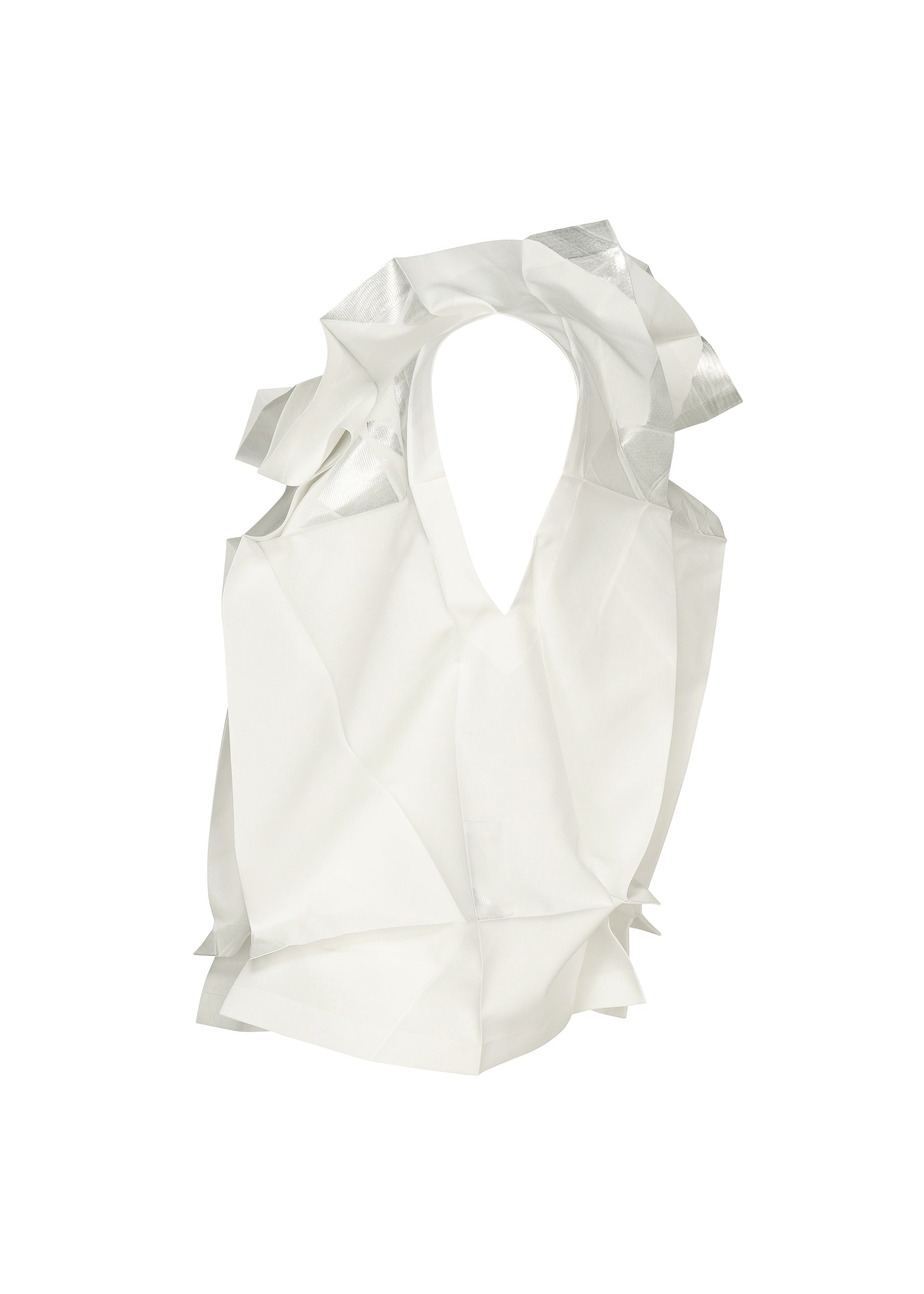 Zoomed view The No.10-1 top by 132 5. ISSEY MIYAKE, a sleeveless white recycled polyester piece with angular origami-inspired folds and a high structured collar, is displayed against a plain white background.