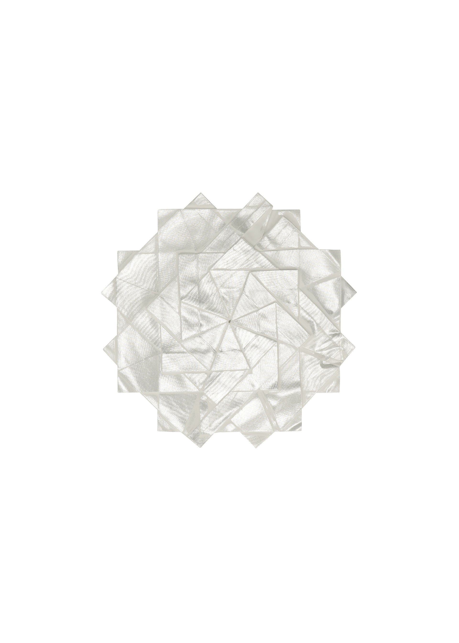 Zoomed view No.10-1 by 132 5. ISSEY MIYAKE features overlapping translucent, rectangular white sheets, foldable like a garment, arranged in an oval shape on a plain white background.