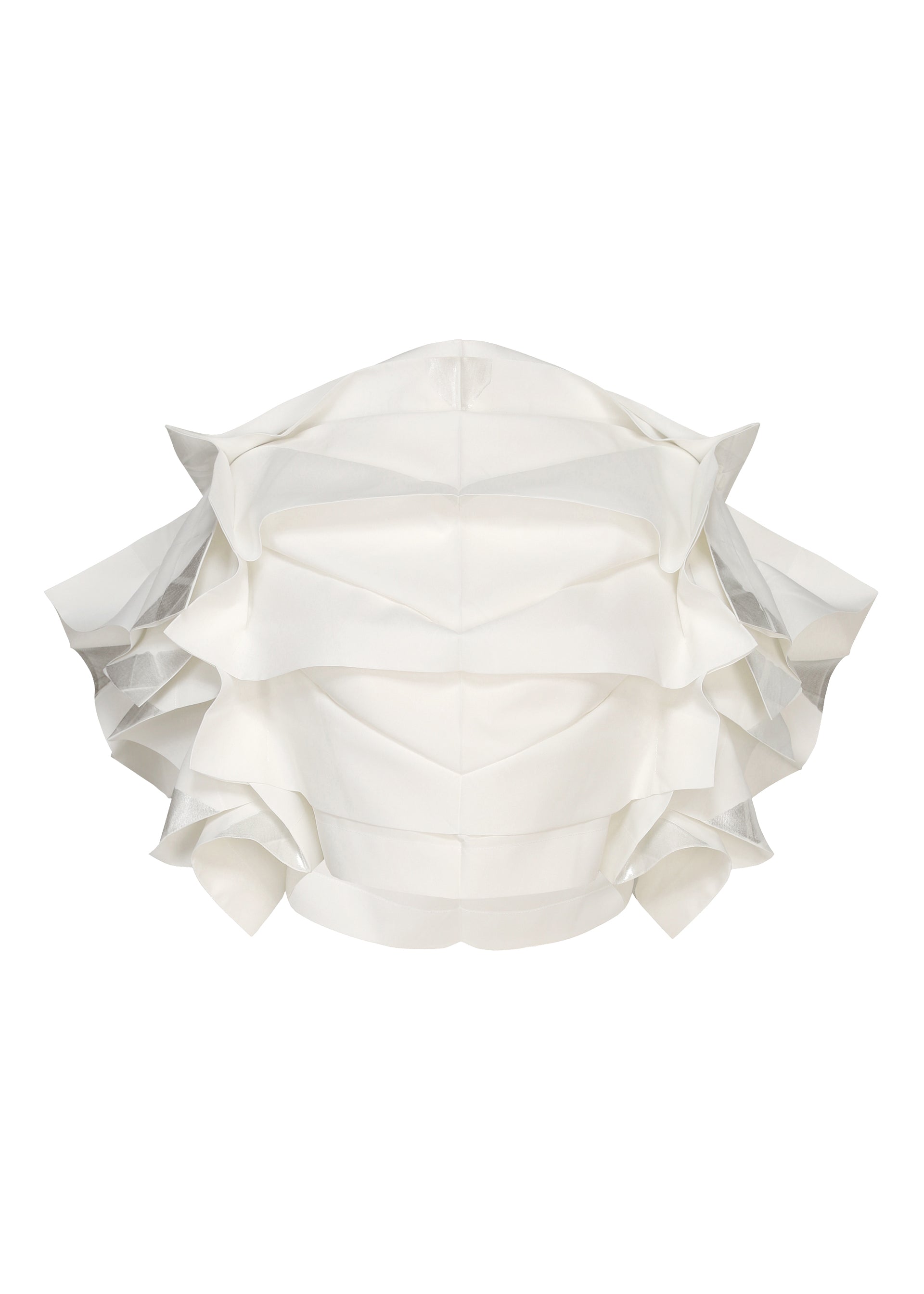 Zoomed view No.10-2 by 132 5. ISSEY MIYAKE is a sculptural, white, multi-layered ruffled fabric structure crafted from recycled polyester, displayed against a white background and evoking an abstract or avant-garde fashion piece with a glamorous touch. - WHITE×SILVER （no.08）