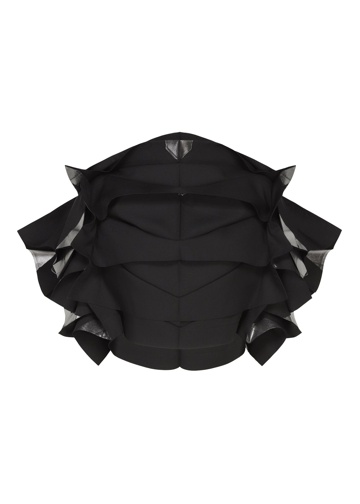 Introducing No.10-2 by 132 5. ISSEY MIYAKE—a sculptural black piece expertly crafted from recycled polyester, featuring layered, angular ruffles with metallic-lined edges that form a dramatic, three-dimensional, fan-like silhouette. view 2 of 9