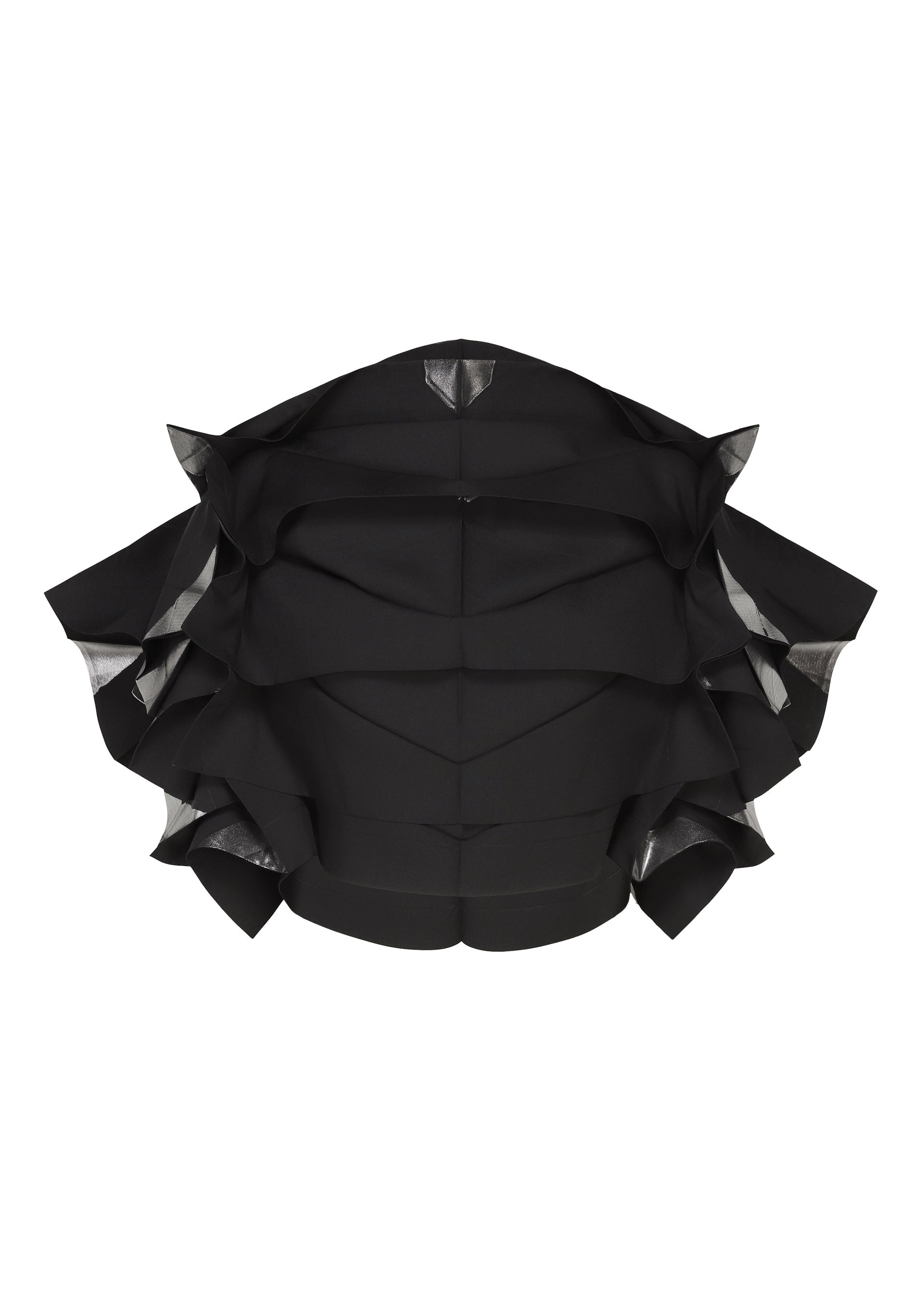 Zoomed view Introducing No.10-2 by 132 5. ISSEY MIYAKE—a sculptural black piece expertly crafted from recycled polyester, featuring layered, angular ruffles with metallic-lined edges that form a dramatic, three-dimensional, fan-like silhouette. - BLACK×SILVER （no.91）