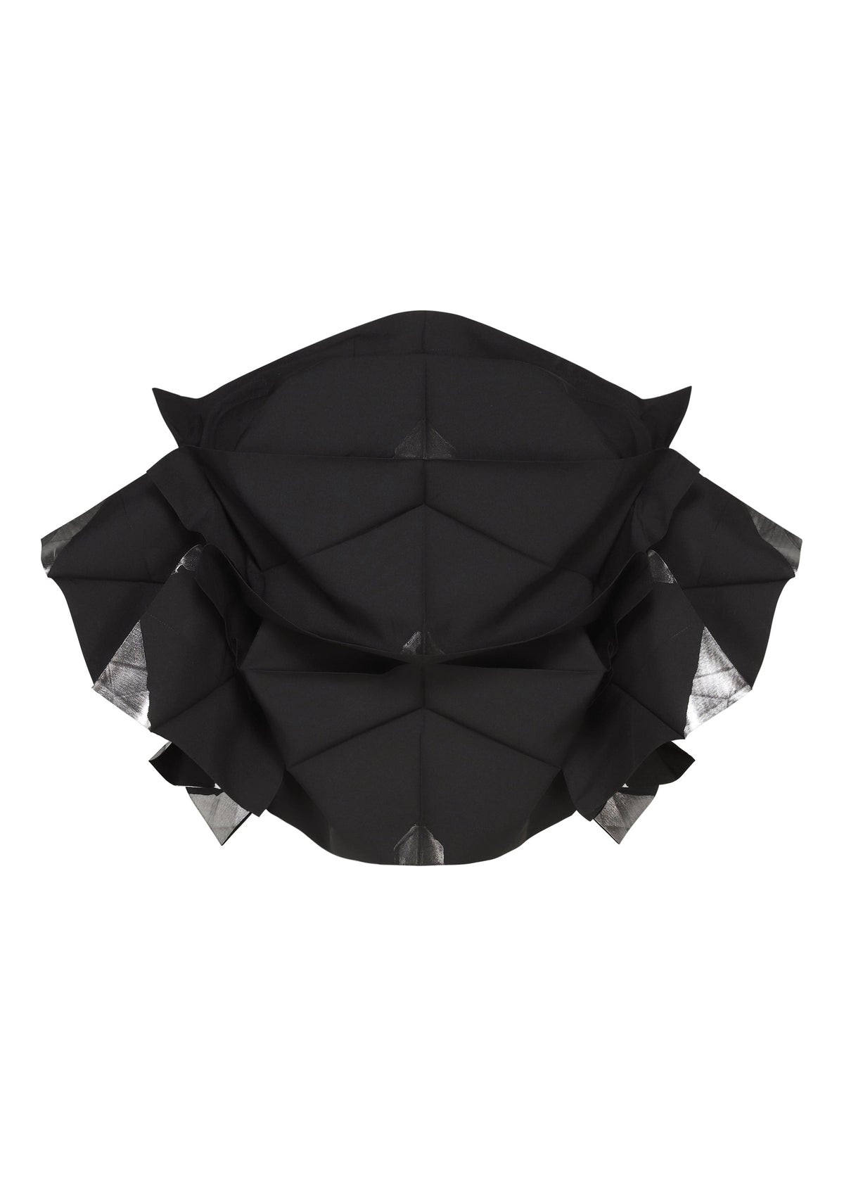 Front-facing view of No.10-2 by 132 5. ISSEY MIYAKE—a black, geometrically folded piece with angular layers reminiscent of origami or an abstract mask—displayed against a white background, its striking design echoing the sleek sophistication of a foil top made from recycled polyester. view 3 of 9