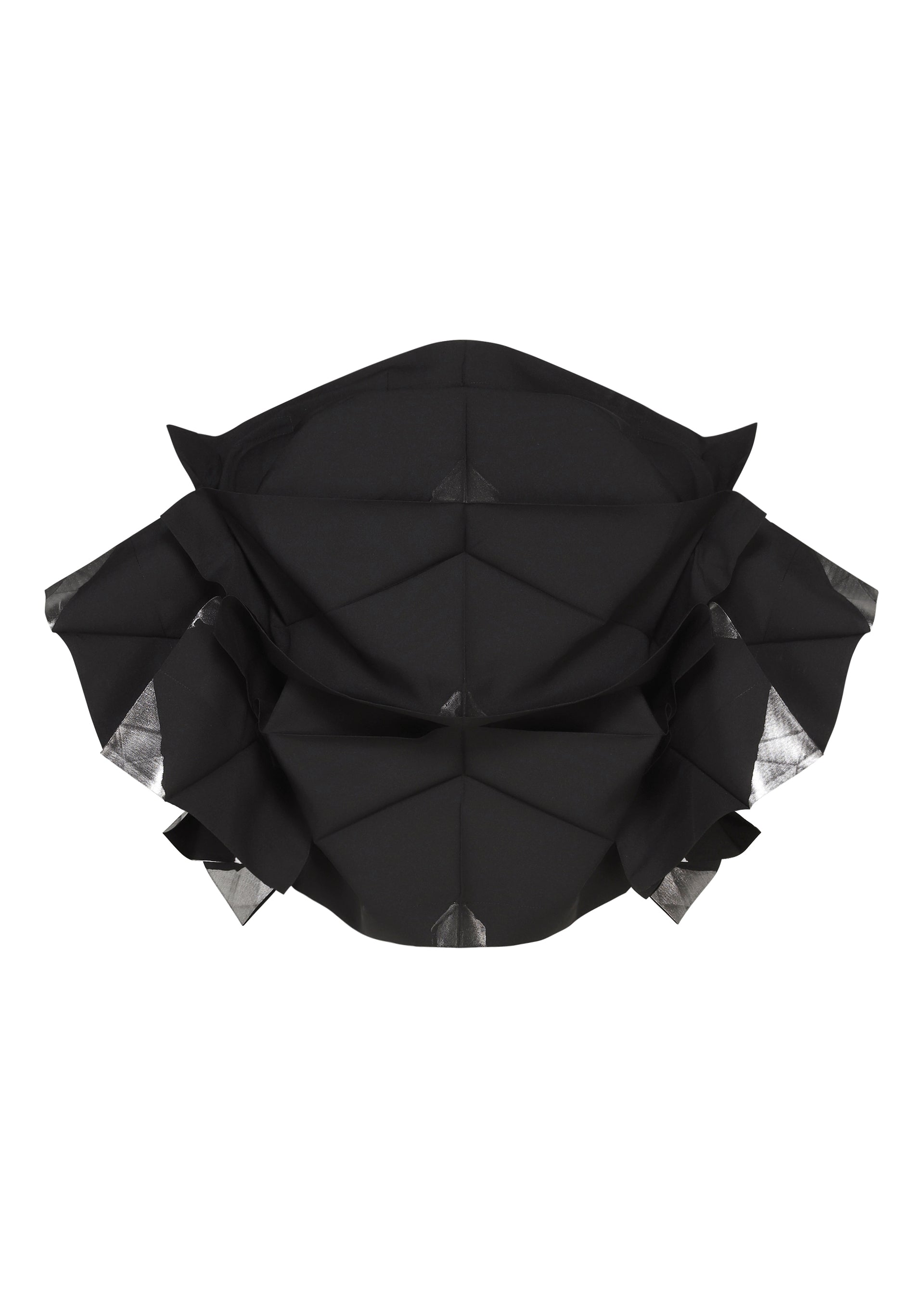 Zoomed view Front-facing view of No.10-2 by 132 5. ISSEY MIYAKE—a black, geometrically folded piece with angular layers reminiscent of origami or an abstract mask—displayed against a white background, its striking design echoing the sleek sophistication of a foil top made from recycled polyester.