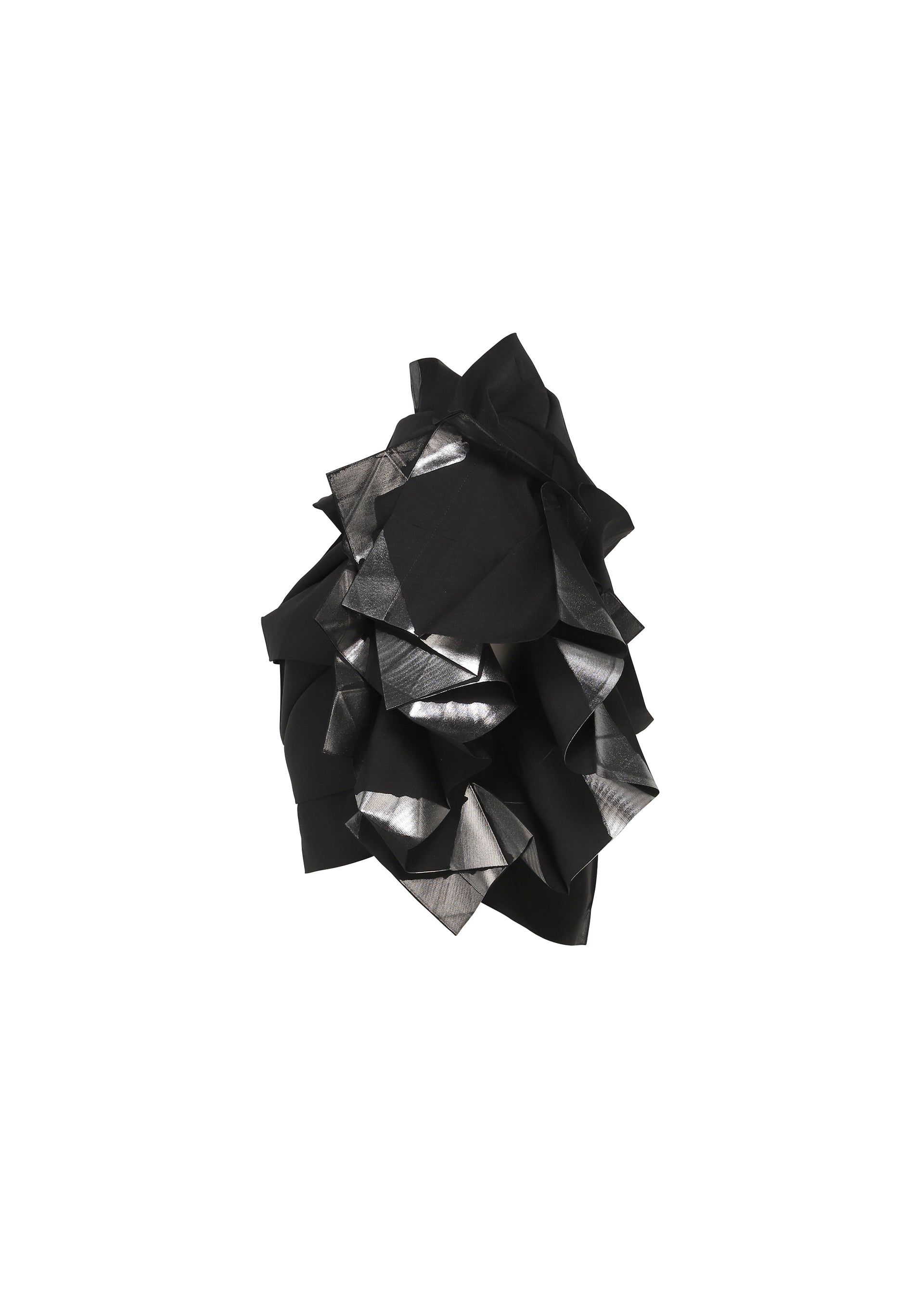Zoomed view The No.10-2 sculpture by 132 5. ISSEY MIYAKE features abstract, layered angular forms in black, blending matte and glossy finishes that catch the light for a bold, modern statement.