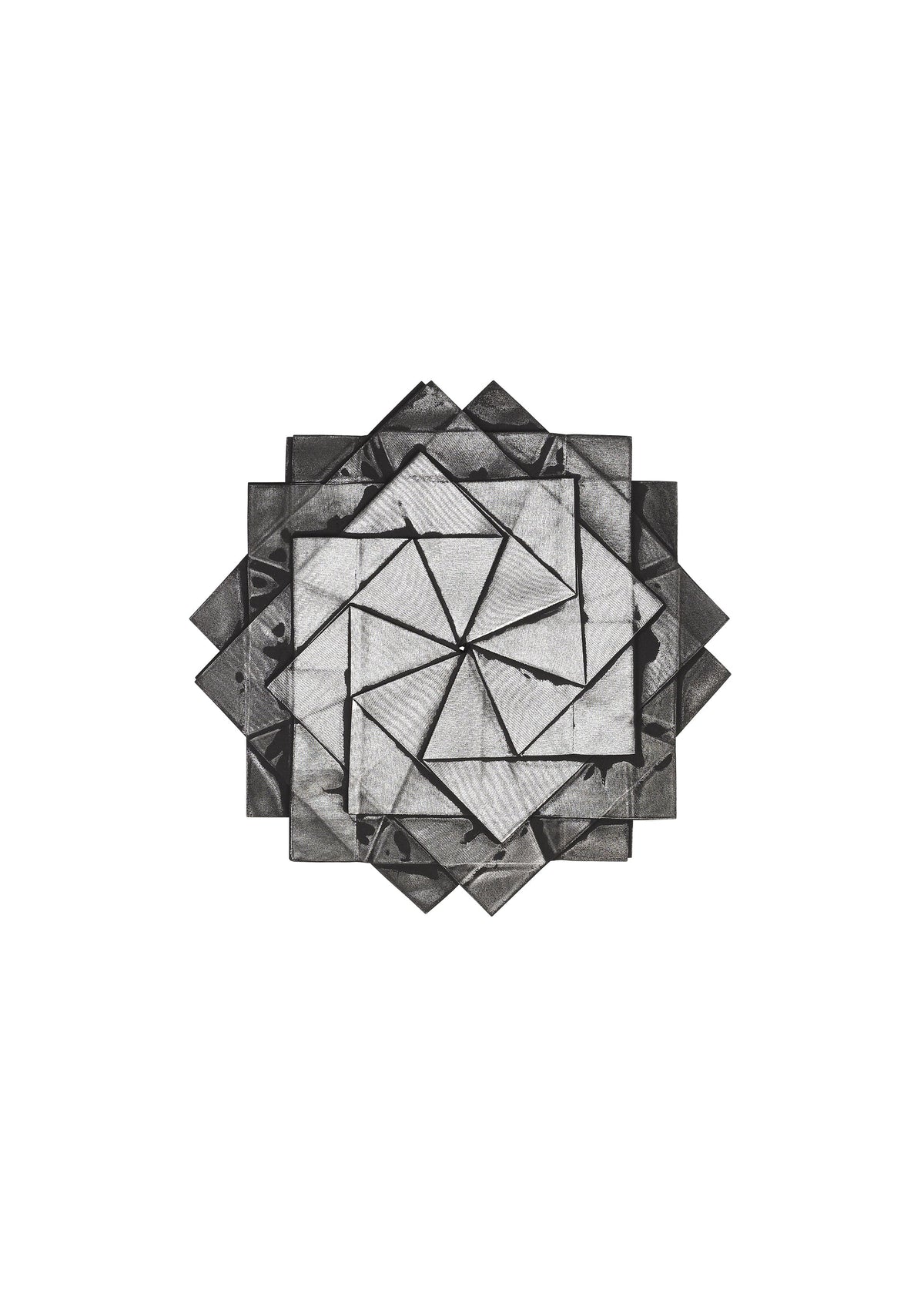 Introducing No.10-2 by 132 5. ISSEY MIYAKE: a geometric paper sculpture featuring layered, folded triangles that form a symmetrical, star-like pattern in elegant shades of gray and black, evoking the glamorous aesthetic often associated with foil top designs or recycled polyester artistry. view 5 of 9
