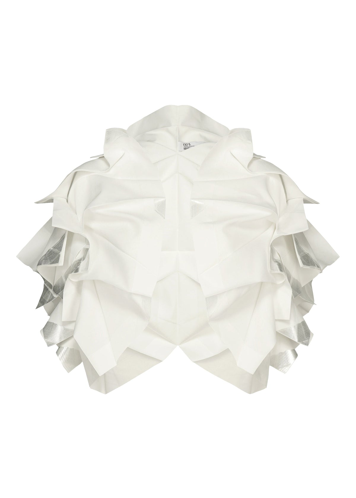 The No.10-1 jacket by 132 5. ISSEY MIYAKE is a structured white haori-style piece with layered angular ruffles and silver metallic side accents, shown against a white background. view 1 of 9