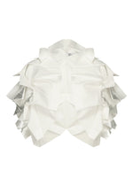 The No.10-1 jacket by 132 5. ISSEY MIYAKE is a structured white haori-style piece with layered angular ruffles and silver metallic side accents, shown against a white background. - WHITE×SILVER （no.08）