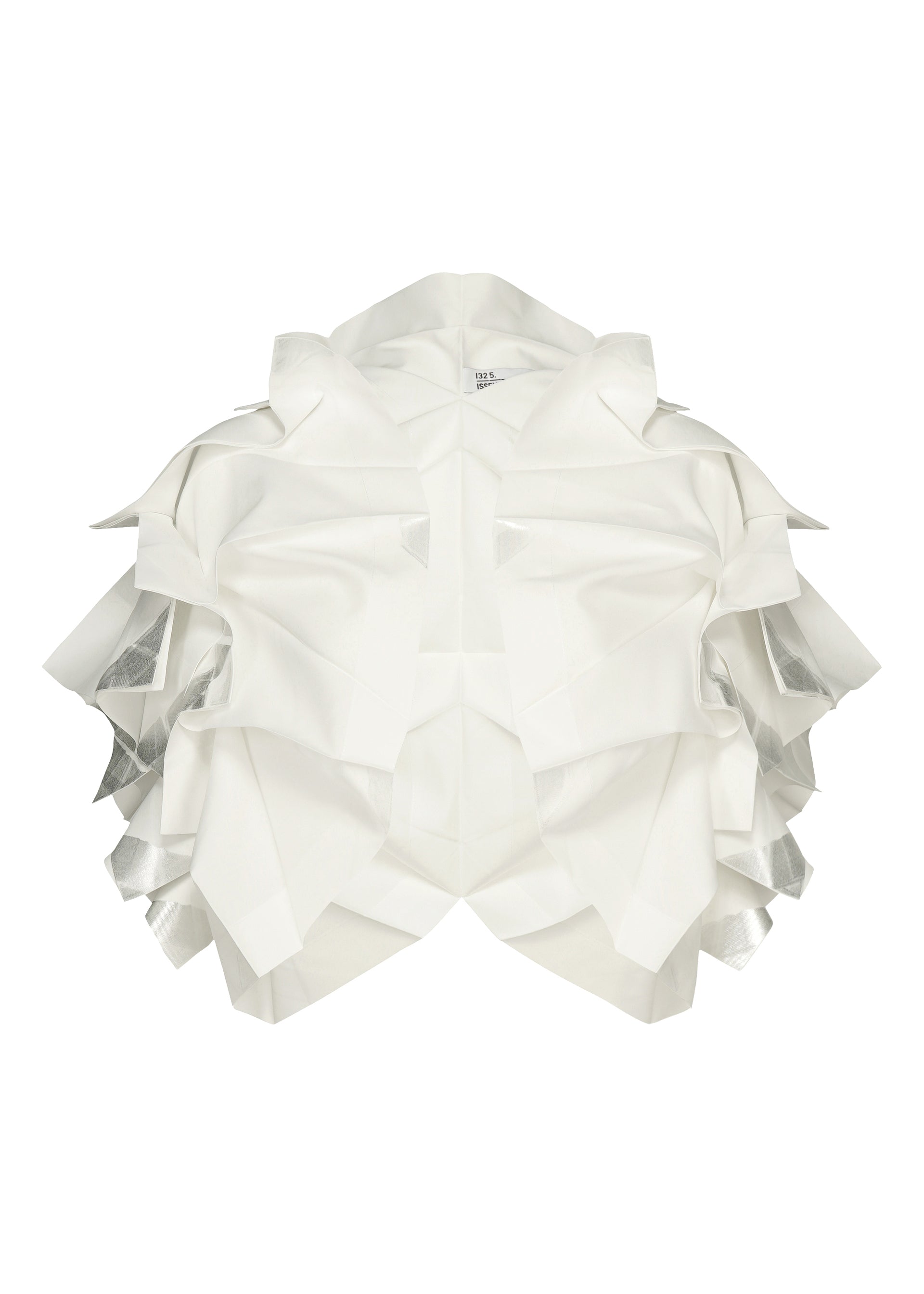 Zoomed view The No.10-1 jacket by 132 5. ISSEY MIYAKE is a structured white haori-style piece with layered angular ruffles and silver metallic side accents, shown against a white background. - WHITE×SILVER （no.08）