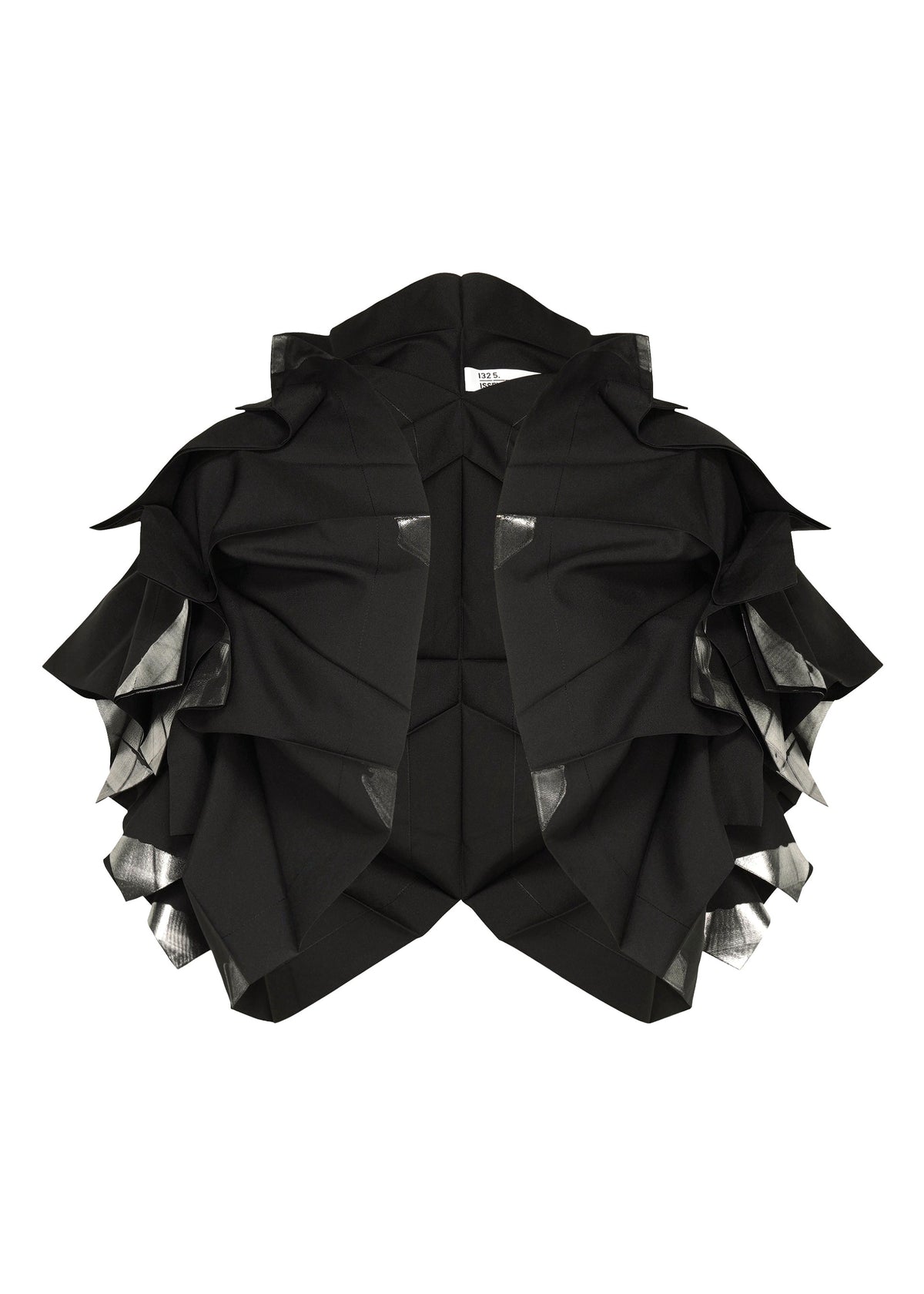 The No.10-1 jacket by 132 5. ISSEY MIYAKE is a black, sculptural haori-style piece featuring layered, origami-inspired folds and angular sleeve ruffles. Shiny metallic inner layers add textured contrast to this foil-embellished design. view 2 of 9