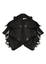 The No.10-1 jacket by 132 5. ISSEY MIYAKE is a black, sculptural haori-style piece featuring layered, origami-inspired folds and angular sleeve ruffles. Shiny metallic inner layers add textured contrast to this foil-embellished design. - BLACK×SILVER （no.91）