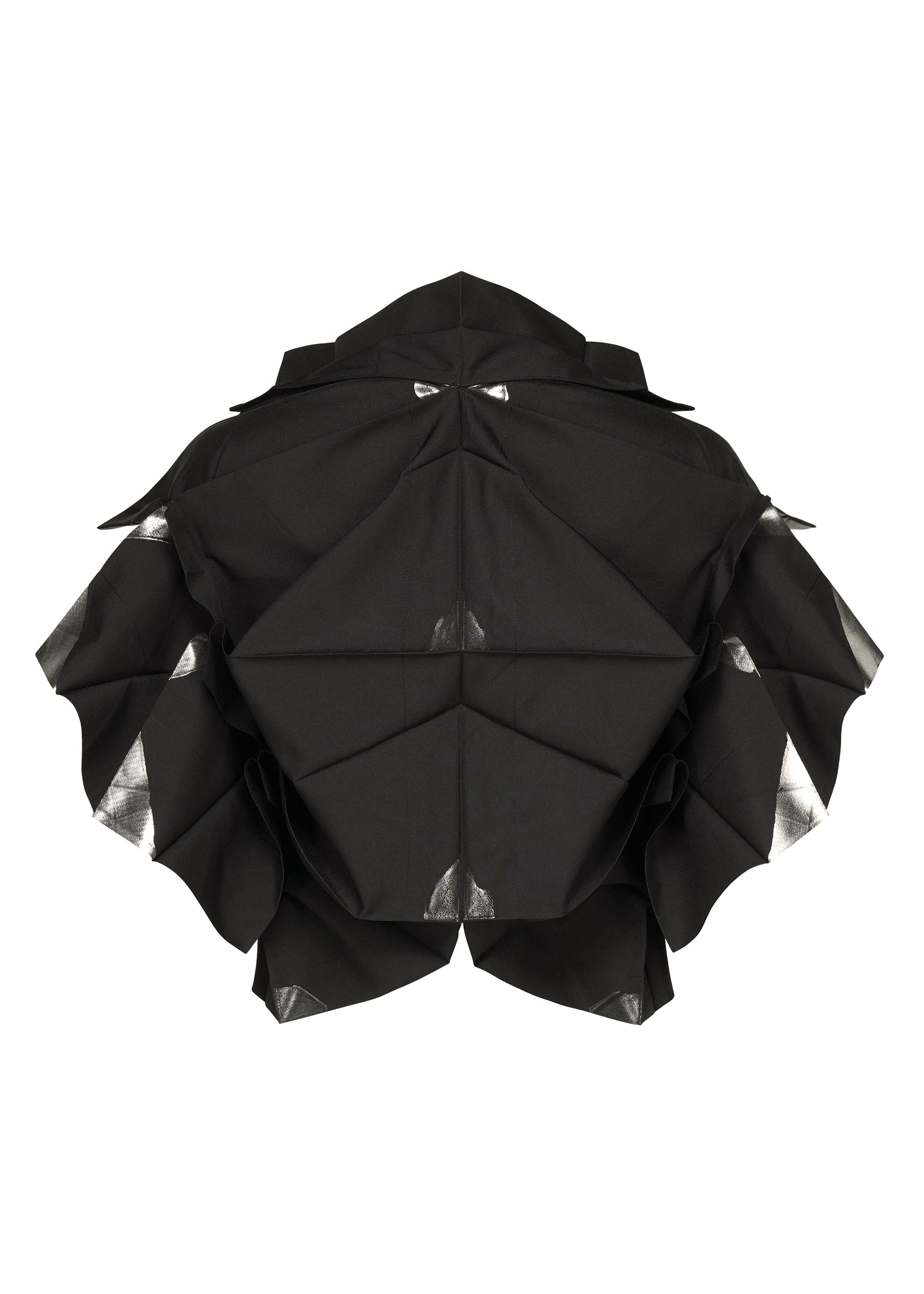Zoomed view The No.10-1 sculpture by 132 5. ISSEY MIYAKE features black, geometric, origami-inspired folds with angular surfaces and ruffled edges, haori-jacket styling, and metallic silver accents at the creases, set against a white background.