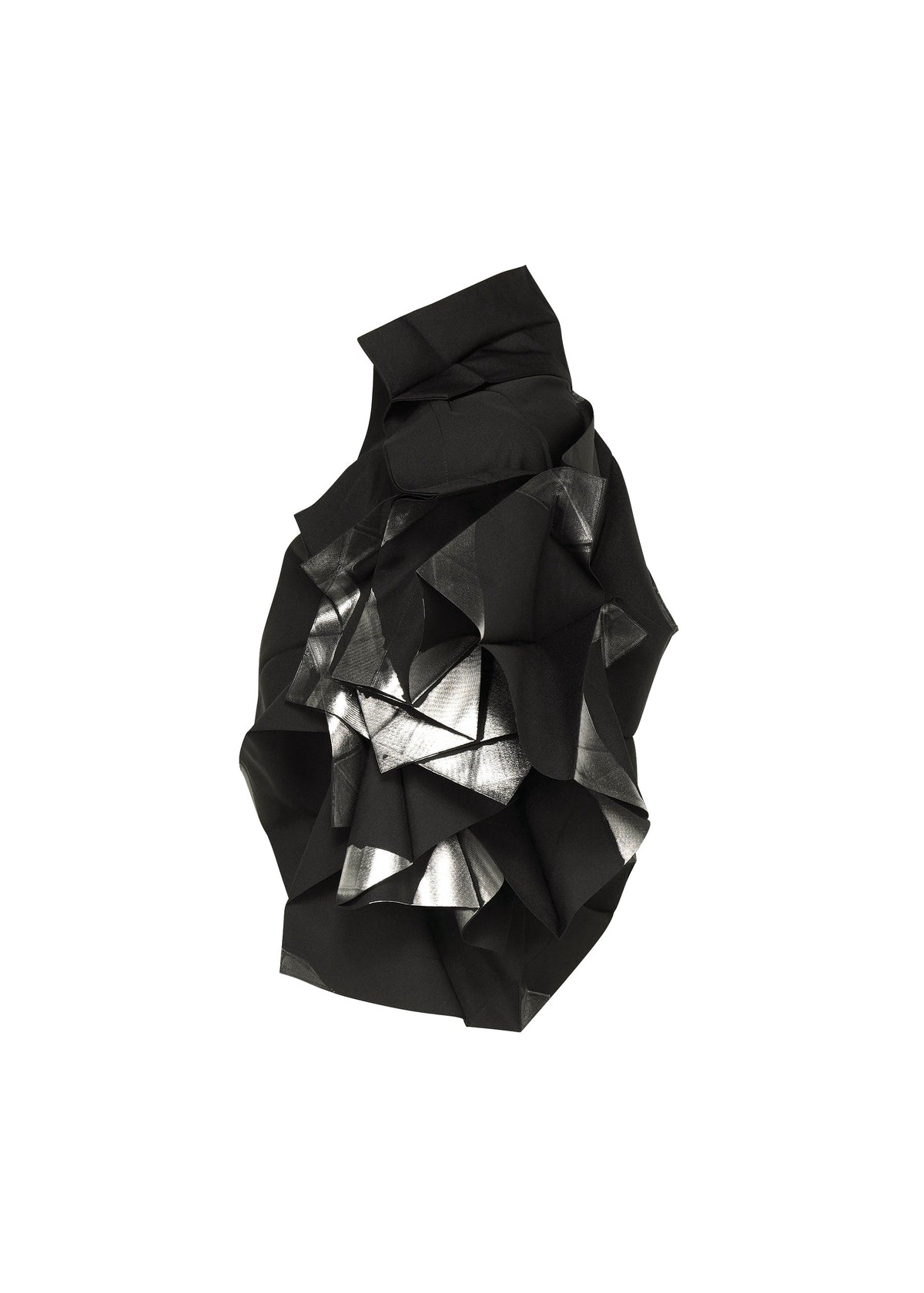 The No.10-1 jacket by 132 5. ISSEY MIYAKE features sculptural black foil with metallic silver geometric folds and angular shapes, arranged in an abstract composition against a plain white background. view 4 of 9