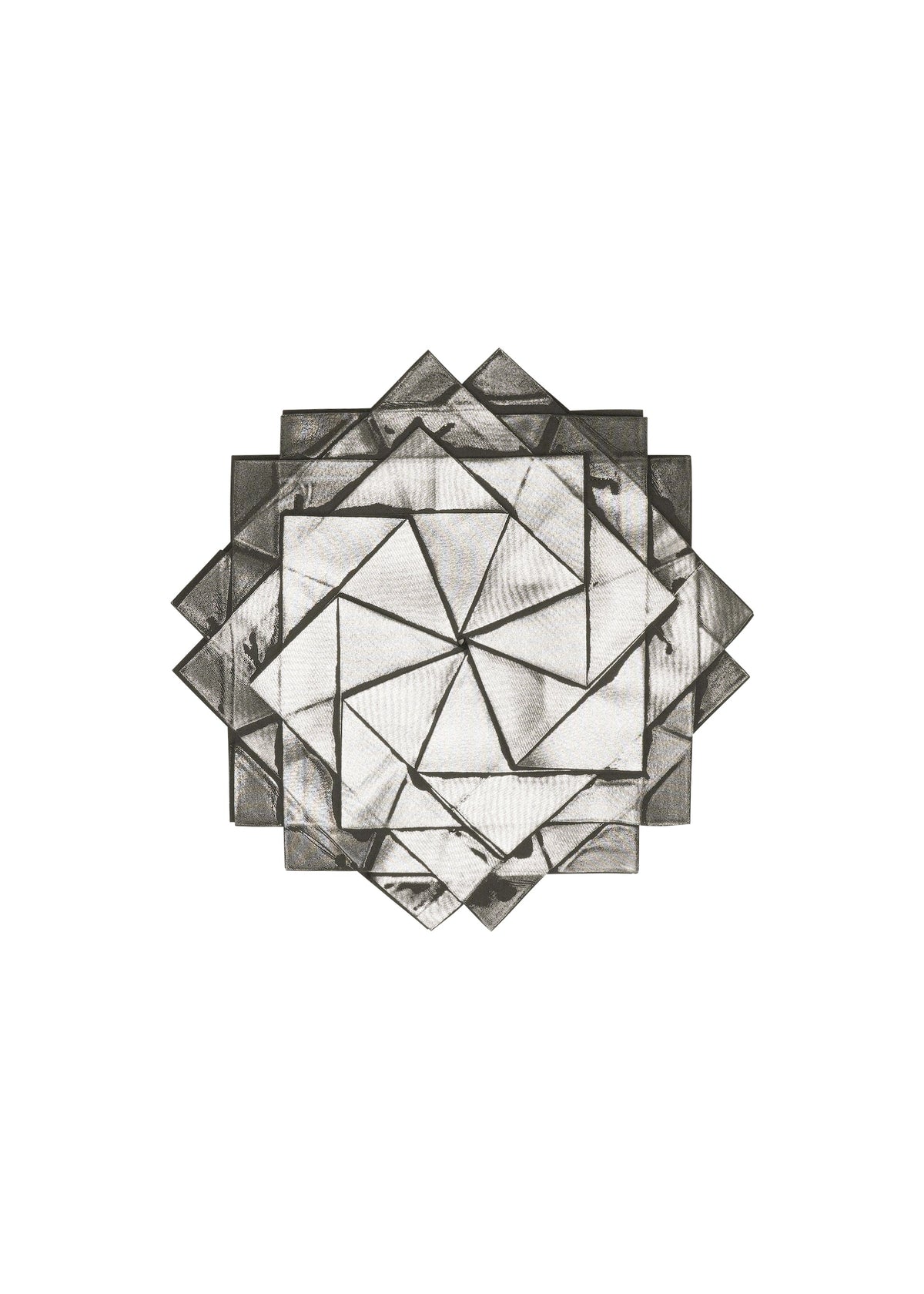 The No.10-1 by 132 5. ISSEY MIYAKE features a geometric abstract pattern of overlapping translucent polygons and angular lines in grayscale, echoing the crisp symmetry of a haori jacket, all set against a white background. view 5 of 9