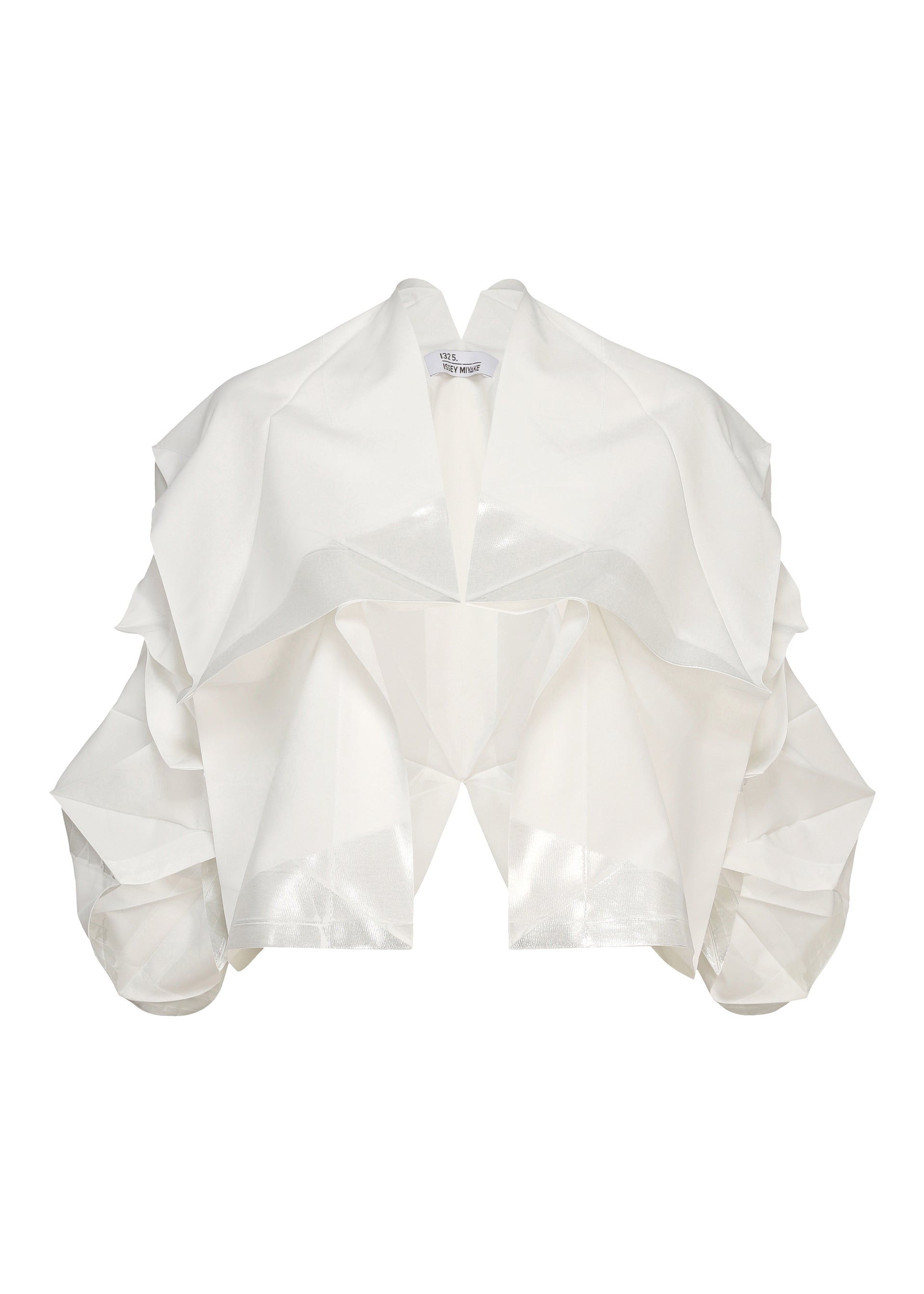 Zoomed view The No.1-2 jacket by 132 5. ISSEY MIYAKE is a white, structured organza haori crafted from recycled polyester, featuring ruffled, layered sleeves and a cropped, open-front design, shown against a plain background. - WHITE×SILVER （no.08）