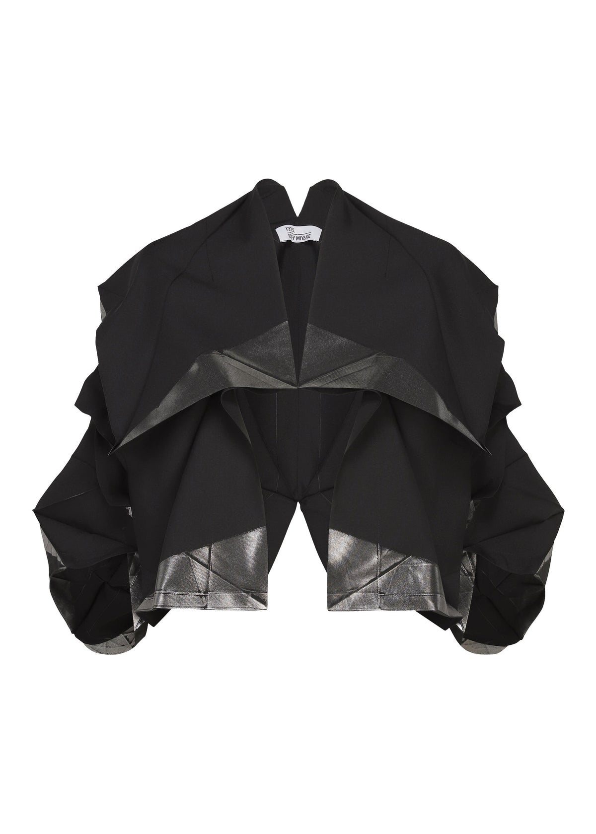 Introducing No.1-2 by 132 5. ISSEY MIYAKE—a striking black cropped haori jacket, expertly crafted from recycled polyester for a modern, sustainable edge. This sculptural piece features dramatic, layered angular folds and a metallic silver lining reminiscent of origami forms. view 2 of 9