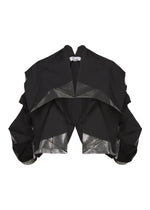 Introducing No.1-2 by 132 5. ISSEY MIYAKE—a striking black cropped haori jacket, expertly crafted from recycled polyester for a modern, sustainable edge. This sculptural piece features dramatic, layered angular folds and a metallic silver lining reminiscent of origami forms. - BLACK×SILVER （no.91）