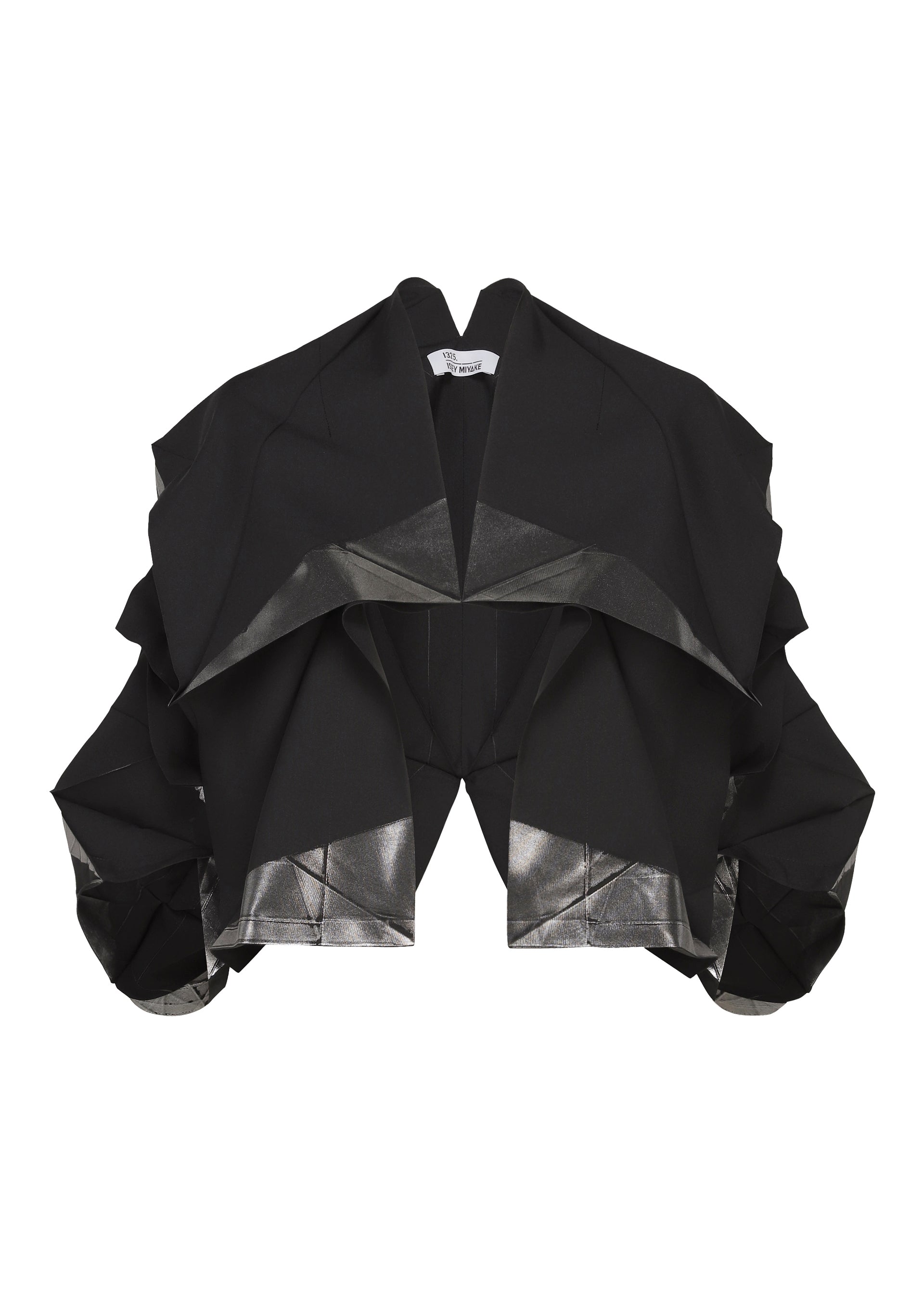 Zoomed view Introducing No.1-2 by 132 5. ISSEY MIYAKE—a striking black cropped haori jacket, expertly crafted from recycled polyester for a modern, sustainable edge. This sculptural piece features dramatic, layered angular folds and a metallic silver lining reminiscent of origami forms. - BLACK×SILVER （no.91）