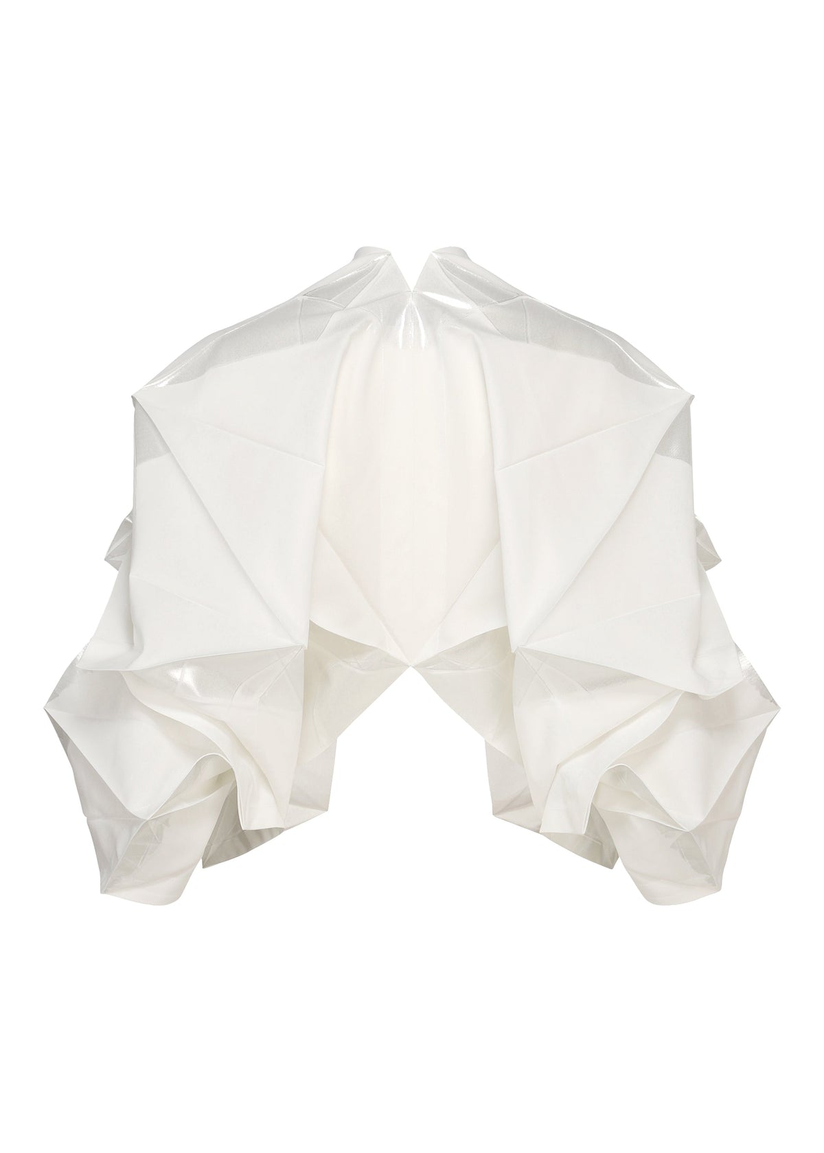 A sculptural white haori jacket, No.1-2 by 132 5. ISSEY MIYAKE, features origami-inspired angular folds and structured, foil crimped ruffles, displayed against a plain white background. view 3 of 9