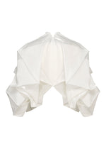 A sculptural white haori jacket, No.1-2 by 132 5. ISSEY MIYAKE, features origami-inspired angular folds and structured, foil crimped ruffles, displayed against a plain white background.
