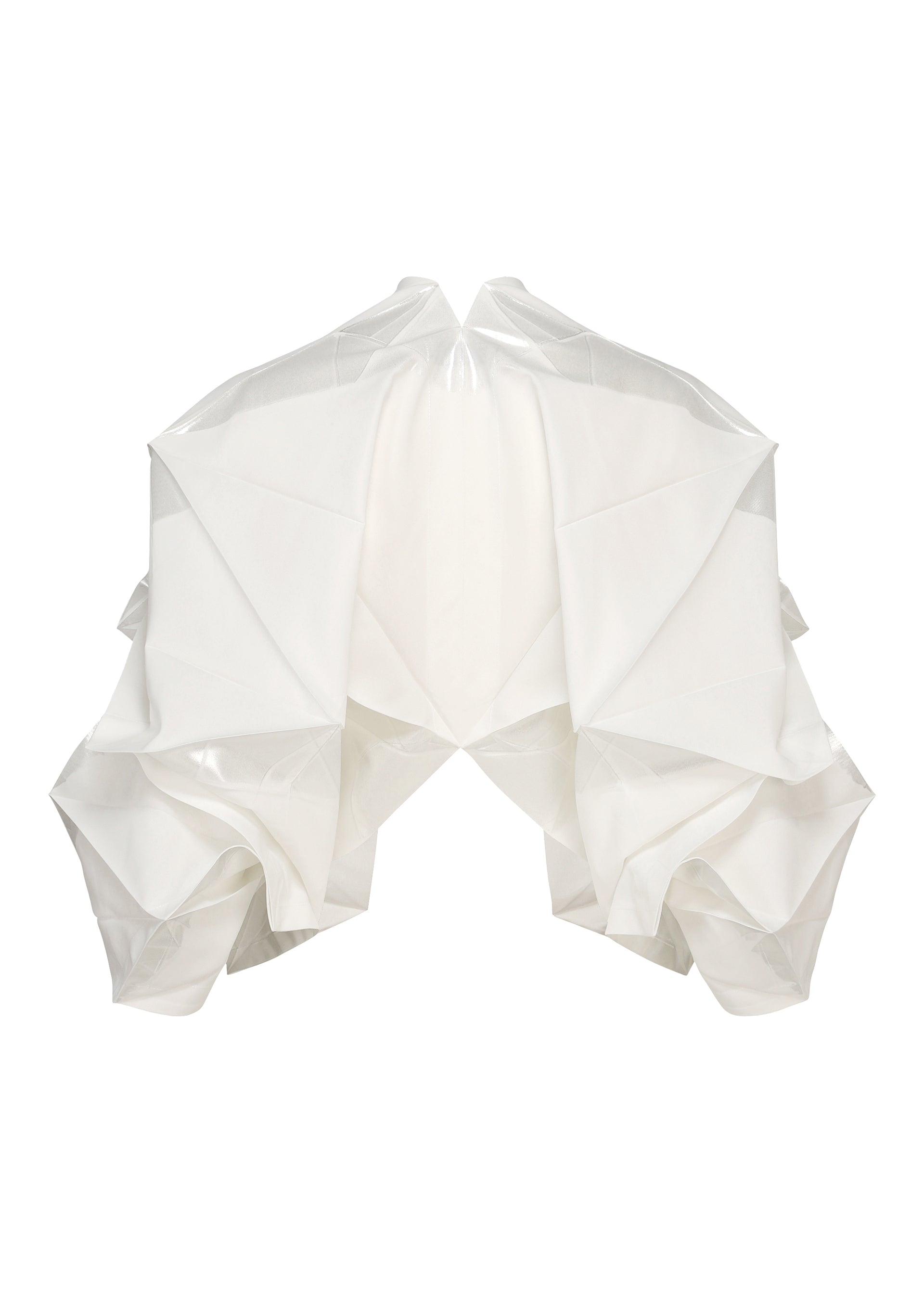 Zoomed view A sculptural white haori jacket, No.1-2 by 132 5. ISSEY MIYAKE, features origami-inspired angular folds and structured, foil crimped ruffles, displayed against a plain white background.
