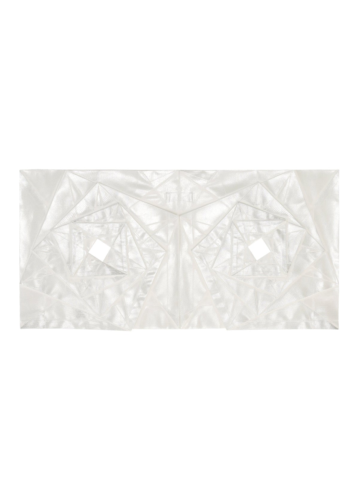 A rectangular, white geometric art piece by 132 5. ISSEY MIYAKE, titled No.1-2, features folded triangular forms and two central square cutouts arranged in a symmetrical pattern reminiscent of a haori jacket, crafted from recycled polyester. view 5 of 9