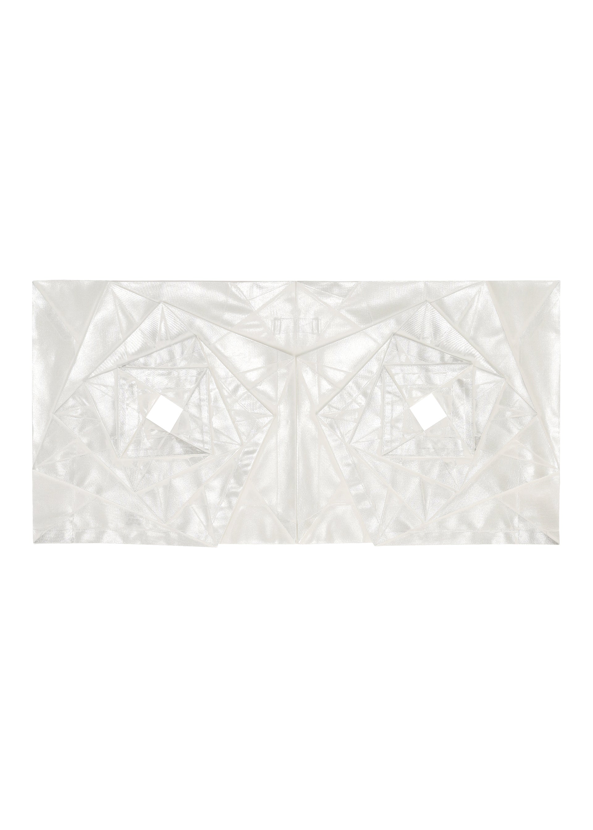 Zoomed view A rectangular, white geometric art piece by 132 5. ISSEY MIYAKE, titled No.1-2, features folded triangular forms and two central square cutouts arranged in a symmetrical pattern reminiscent of a haori jacket, crafted from recycled polyester.