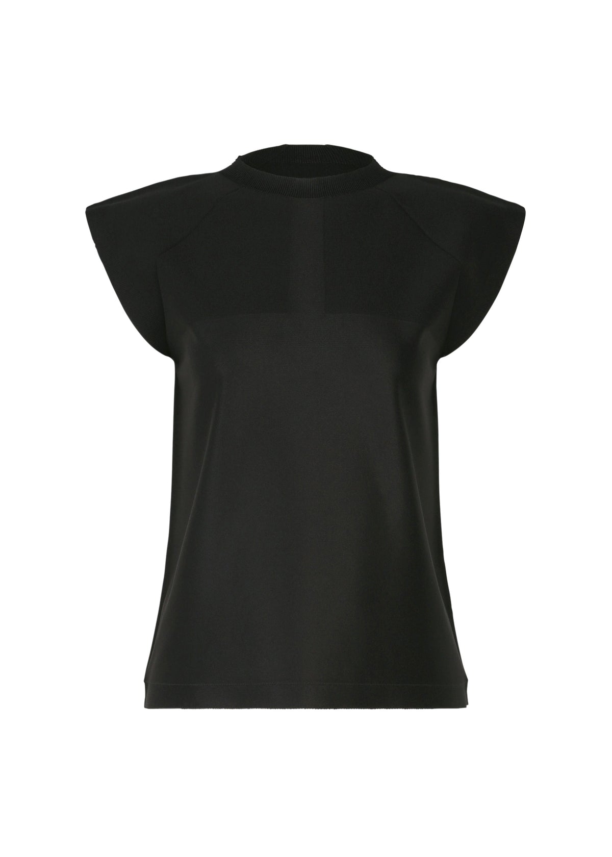 The F-KN by 132 5. ISSEY MIYAKE is a black, sleeveless top featuring wide, structured shoulders and a round neckline, crafted in non-sewn knit for a seamless look. Displayed on a plain white background. view 1 of 6