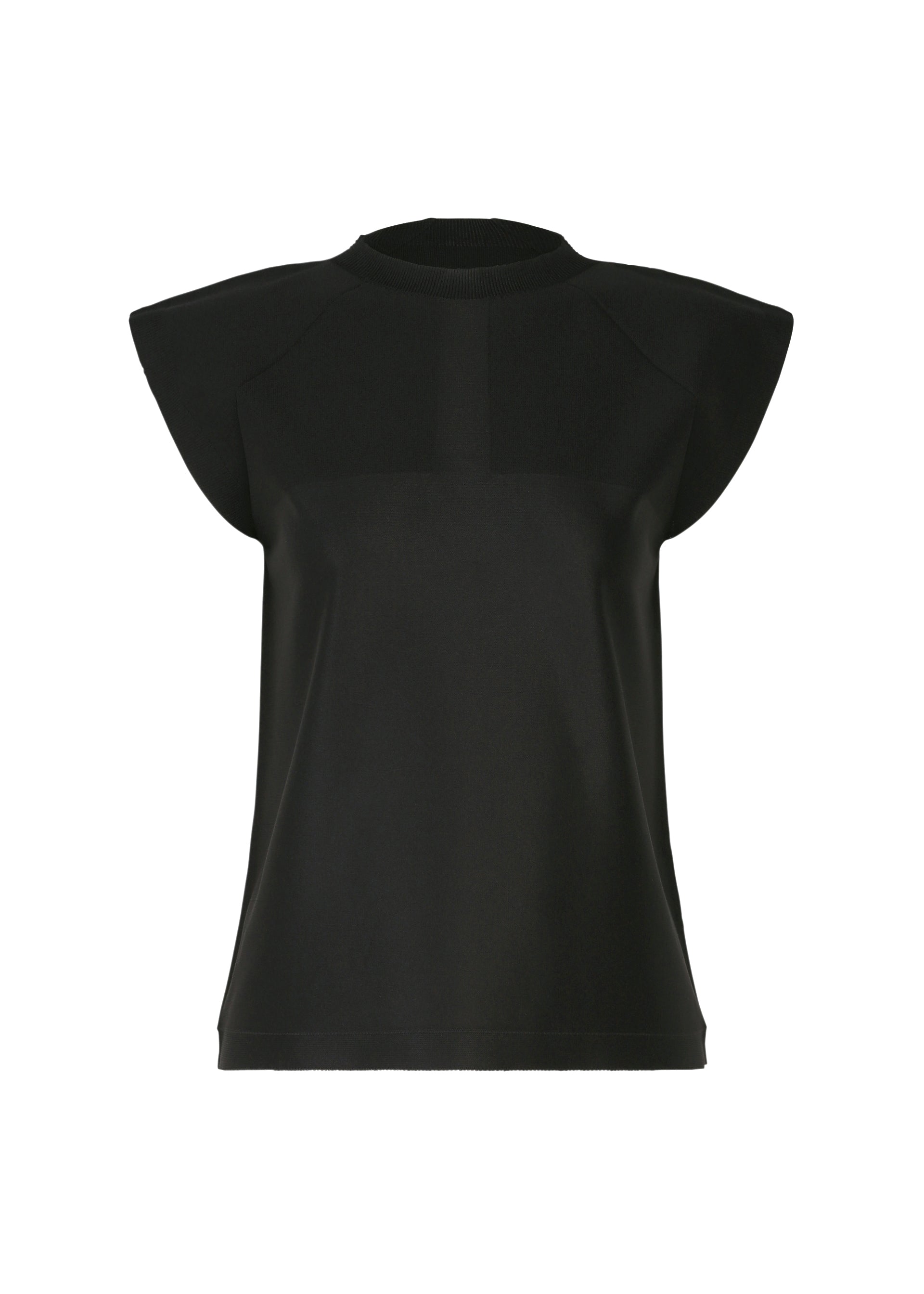 Zoomed view The F-KN by 132 5. ISSEY MIYAKE is a black, sleeveless top featuring wide, structured shoulders and a round neckline, crafted in non-sewn knit for a seamless look. Displayed on a plain white background. - BLACK （no.15）