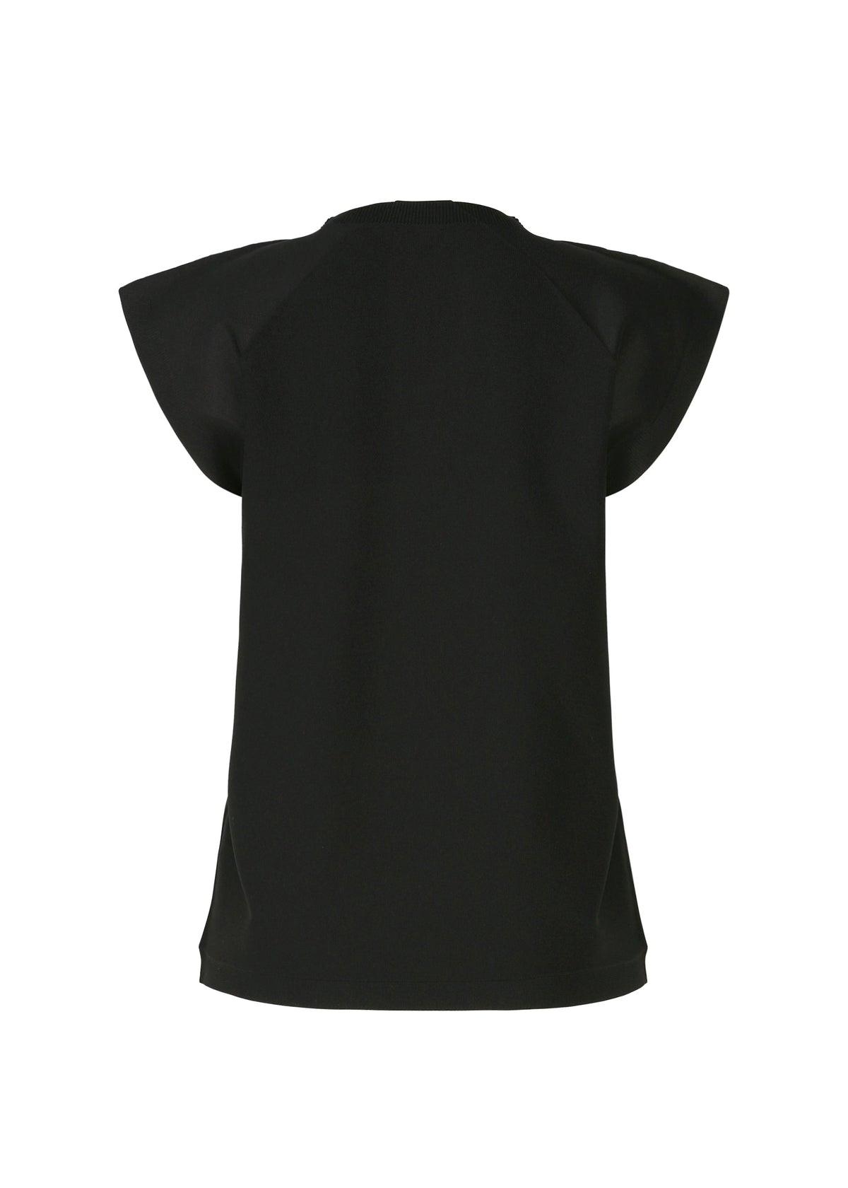 The F-KN blouse by 132 5. ISSEY MIYAKE is black, short-sleeved with wide, angular sleeves and a loose fit. Shown on a plain white background, its folded design reveals unique luster and folds from the back view. view 2 of 6