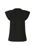 The F-KN blouse by 132 5. ISSEY MIYAKE is black, short-sleeved with wide, angular sleeves and a loose fit. Shown on a plain white background, its folded design reveals unique luster and folds from the back view.