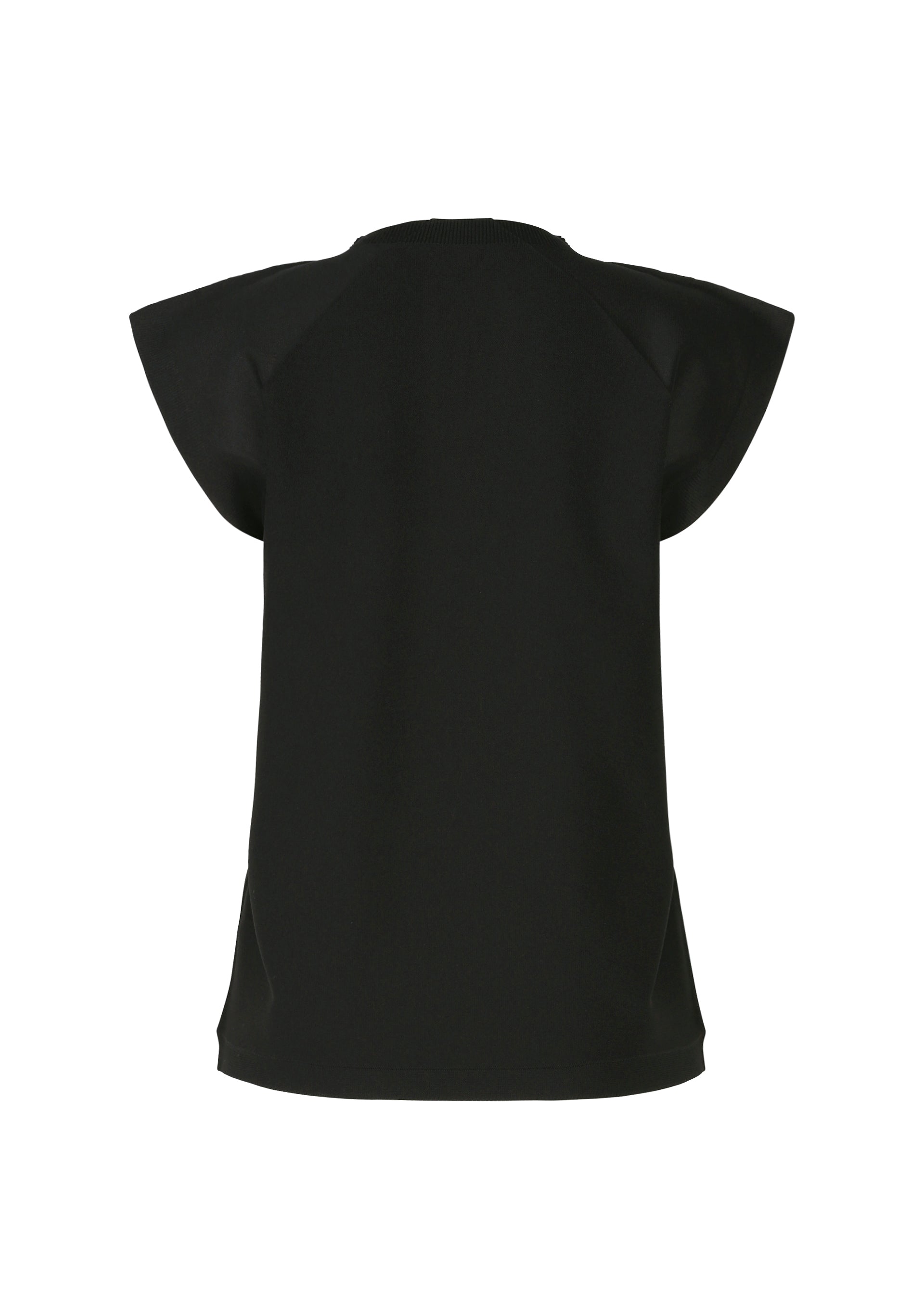 Zoomed view The F-KN blouse by 132 5. ISSEY MIYAKE is black, short-sleeved with wide, angular sleeves and a loose fit. Shown on a plain white background, its folded design reveals unique luster and folds from the back view.