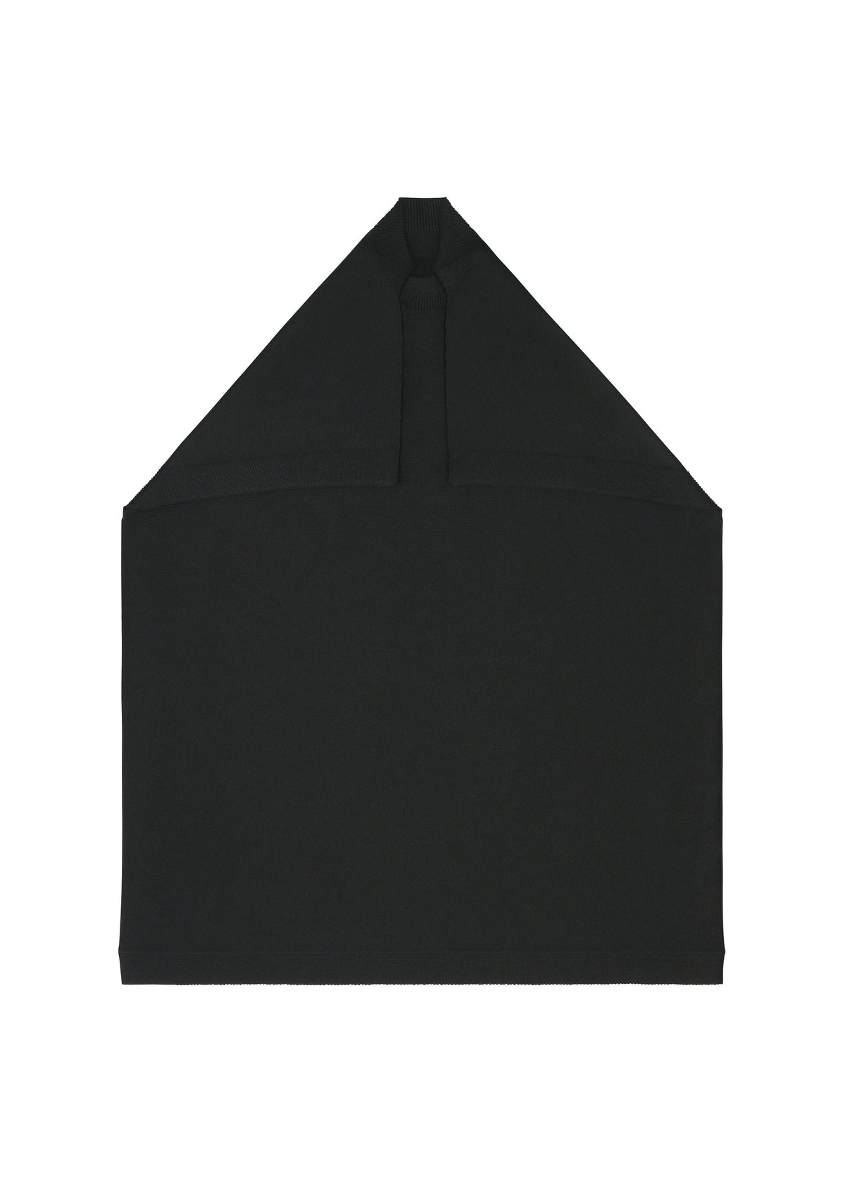 The F-KN by 132 5. ISSEY MIYAKE is a black fabric hood with subtle luster, folds, a pointed top, and vertical center seam, displayed flat on a white background. view 3 of 6
