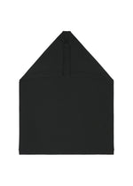 The F-KN by 132 5. ISSEY MIYAKE is a black fabric hood with subtle luster, folds, a pointed top, and vertical center seam, displayed flat on a white background.