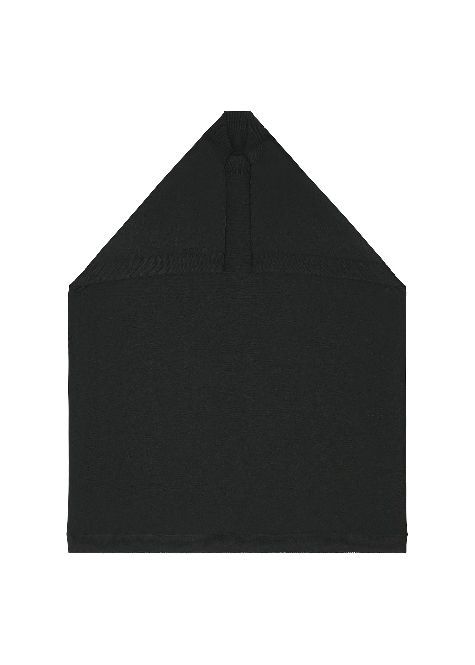 Zoomed view The F-KN by 132 5. ISSEY MIYAKE is a black fabric hood with subtle luster, folds, a pointed top, and vertical center seam, displayed flat on a white background.