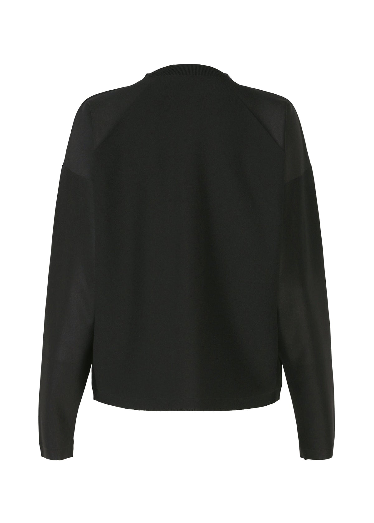 The F-KN by 132 5. ISSEY MIYAKE is a black, long-sleeve pullover shown from the back. It features a crew neckline, relaxed fit, and is crafted with a non-sewn knit technique for subtle luster and natural folds, without visible patterns or details. view 2 of 6