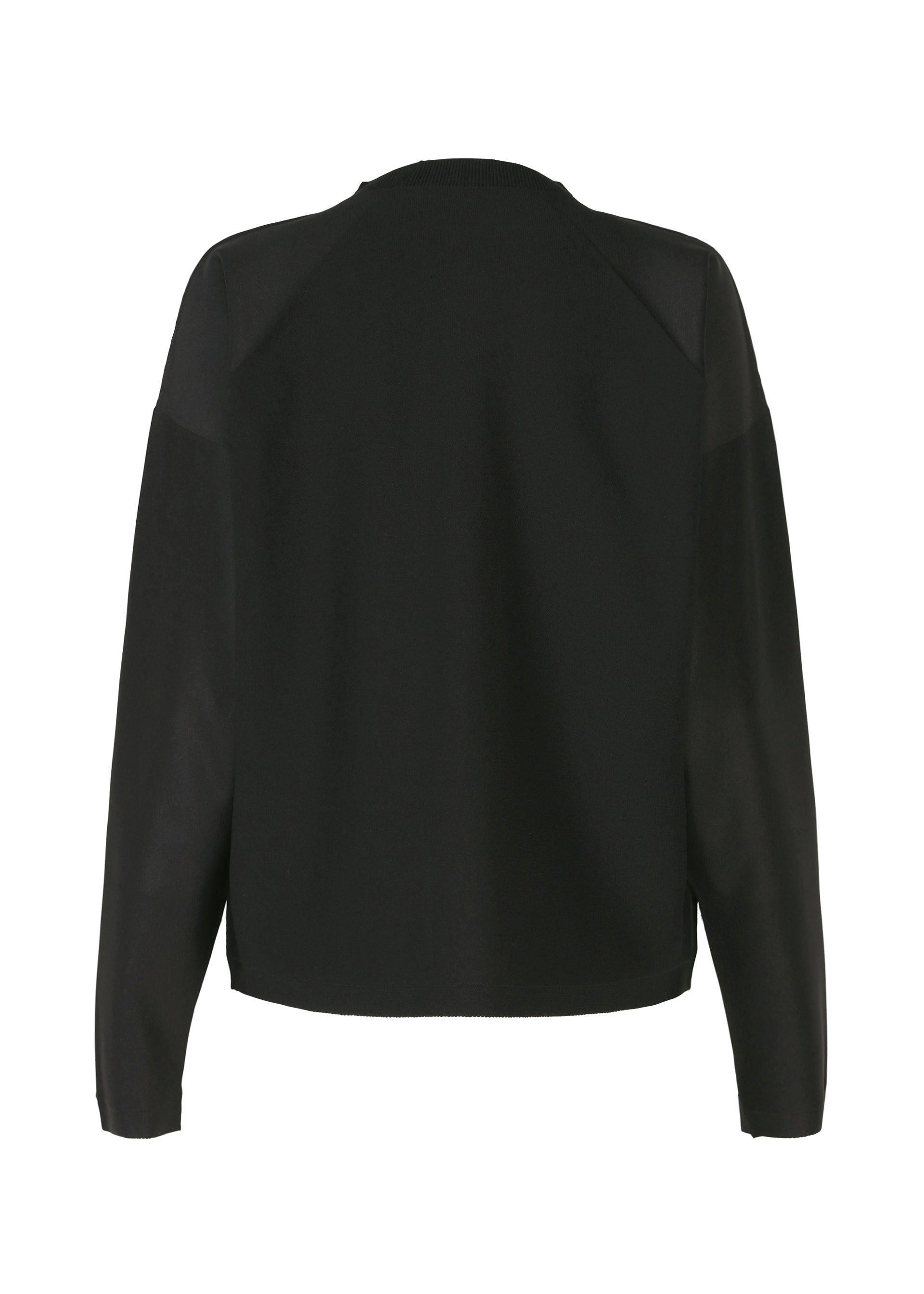 Zoomed view The F-KN by 132 5. ISSEY MIYAKE is a black, long-sleeve pullover shown from the back. It features a crew neckline, relaxed fit, and is crafted with a non-sewn knit technique for subtle luster and natural folds, without visible patterns or details.