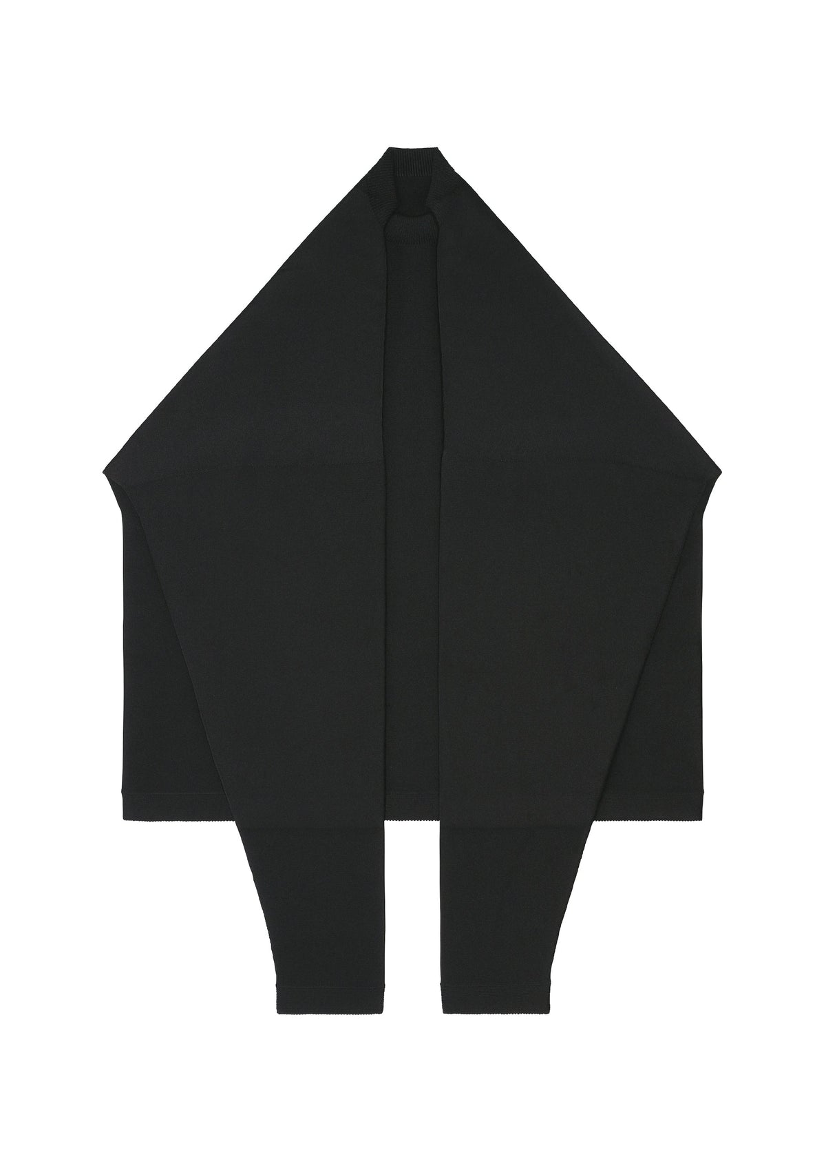 The F-KN by 132 5. ISSEY MIYAKE is a black, rectangular scarf with pointed ends, displayed flat on a white background. Its glossy finish and folds form a symmetrical, geometric shape. view 3 of 6