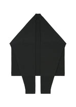 The F-KN by 132 5. ISSEY MIYAKE is a black, rectangular scarf with pointed ends, displayed flat on a white background. Its glossy finish and folds form a symmetrical, geometric shape.