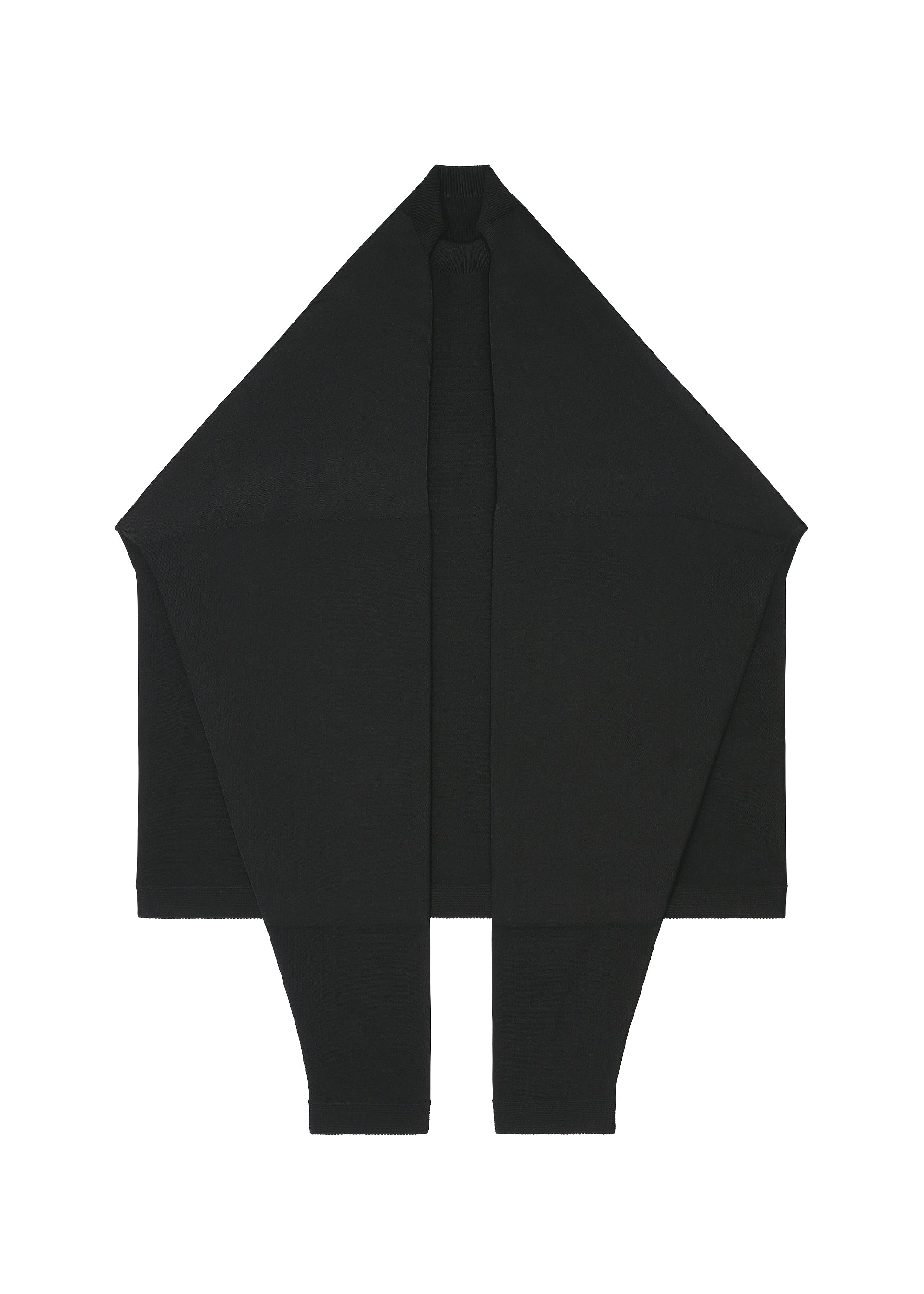 Zoomed view The F-KN by 132 5. ISSEY MIYAKE is a black, rectangular scarf with pointed ends, displayed flat on a white background. Its glossy finish and folds form a symmetrical, geometric shape.