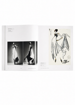The ISSEY MIYAKE (Limited Collectors Edition) by ISSEY MIYAKE BOOKS lies open, revealing two black-and-white images of a woman in a flowing dress on the left page and a dynamic sketch of the same design—reflecting Issey Miyake’s innovative design philosophy—on the right.