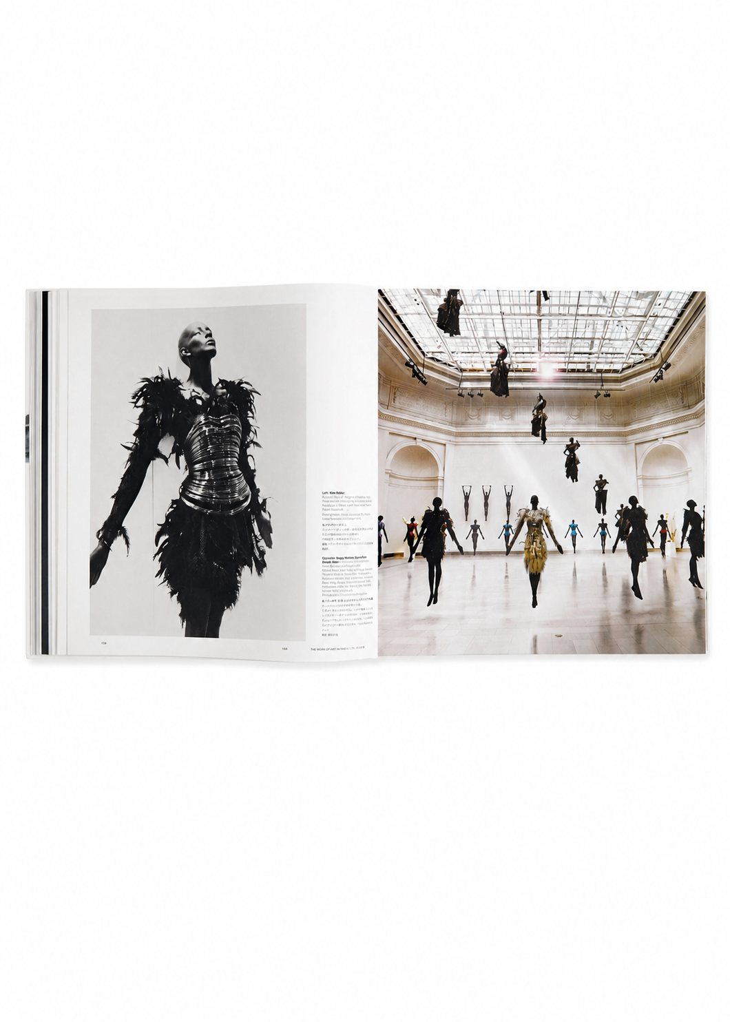 Zoomed view An open ISSEY MIYAKE (Limited Collectors Edition) book by ISSEY MIYAKE BOOKS displays a black-and-white photograph of a model in an intricate outfit on the left page, alongside a color image of models suspended midair in an ornate gallery on the right page, reflecting Issey Miyake’s experimental design philosophy.