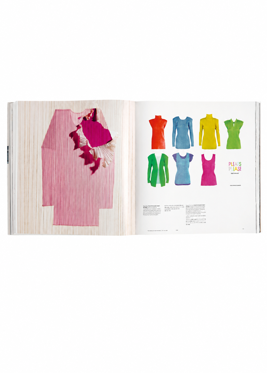 Zoomed view An open copy of ISSEY MIYAKE (Limited Collectors Edition) by ISSEY MIYAKE BOOKS displays a pink pleated shirt on the partly torn left page and an array of vibrant pleated shirts in red, orange, yellow, green, and blue on the right page with accompanying text—a stunning homage to Issey Miyake’s design philosophy.