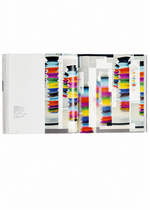 The ISSEY MIYAKE (Limited Collectors Edition) from ISSEY MIYAKE BOOKS presents an open book showcasing a vibrant abstract composition of vertical, blurred, rainbow-striped shapes against a clean white background, paired with small black text on the left page—a striking layout that embodies the refined design philosophy characteristic of Issey Miyake’s creative vision.