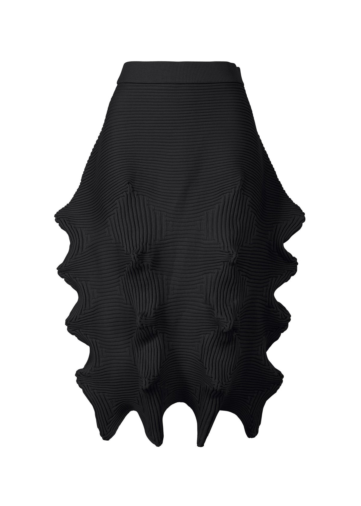 The LINKAGE skirt by ISSEY MIYAKE is a black knit piece with a 3D silhouette, wavy ridges, and angular points for a futuristic look. Made from recycled polyester, it features fine horizontal lines and a structured design. view 1 of 5