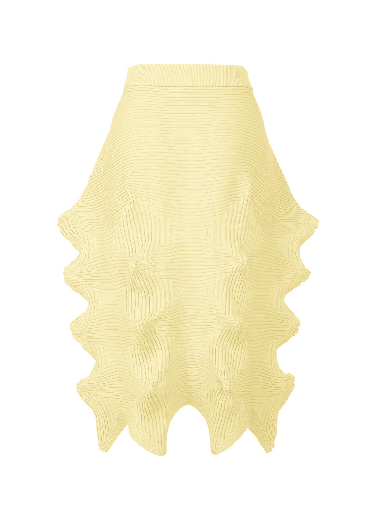 LINKAGE by ISSEY MIYAKE is a yellow knit skirt made from recycled polyester, featuring a high waist, wavy sculpted hemline, raised textured lines, and a unique three-dimensional silhouette. view 2 of 5